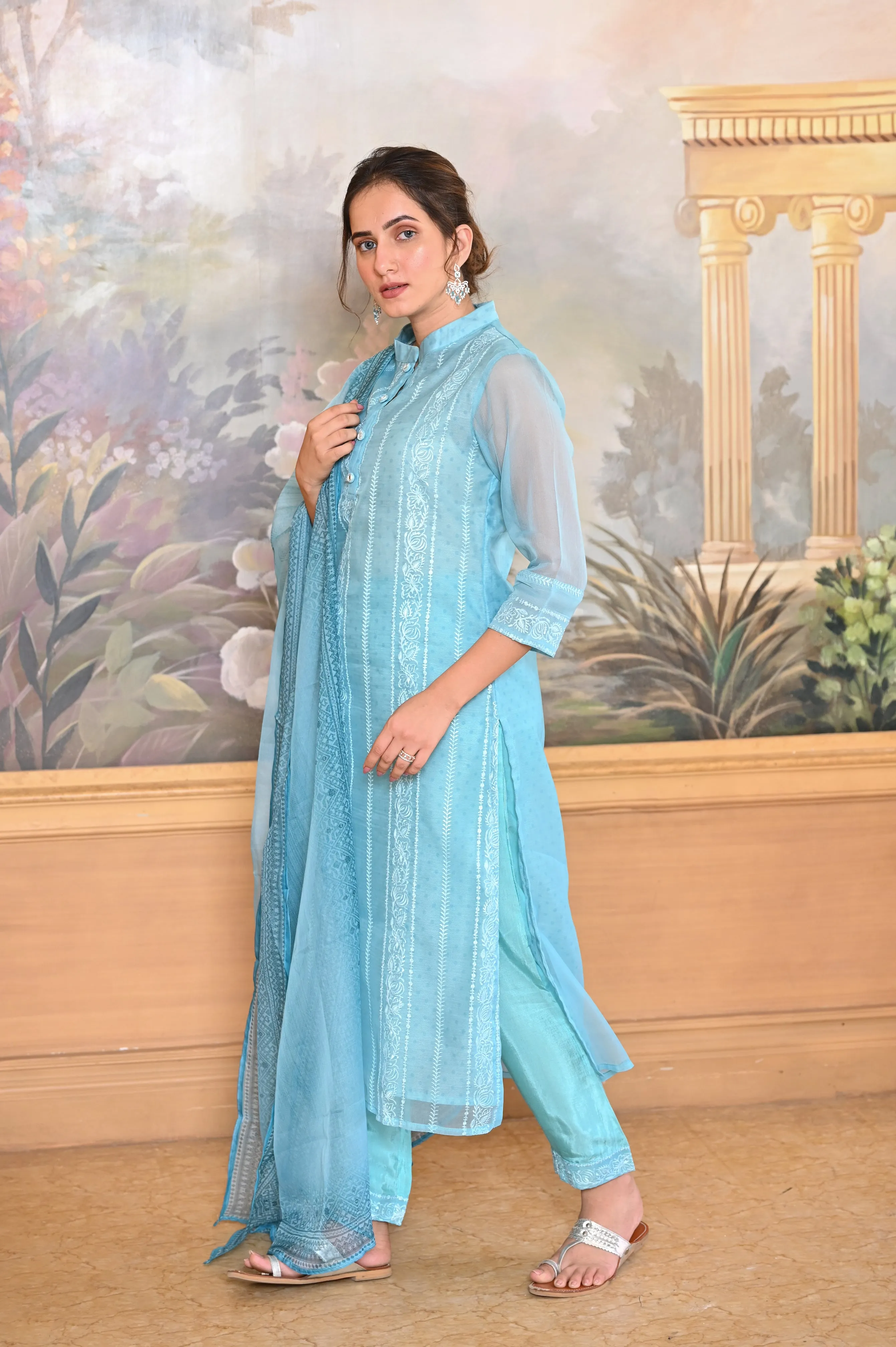 Aaina Organza Suit Set (Sea Green)
