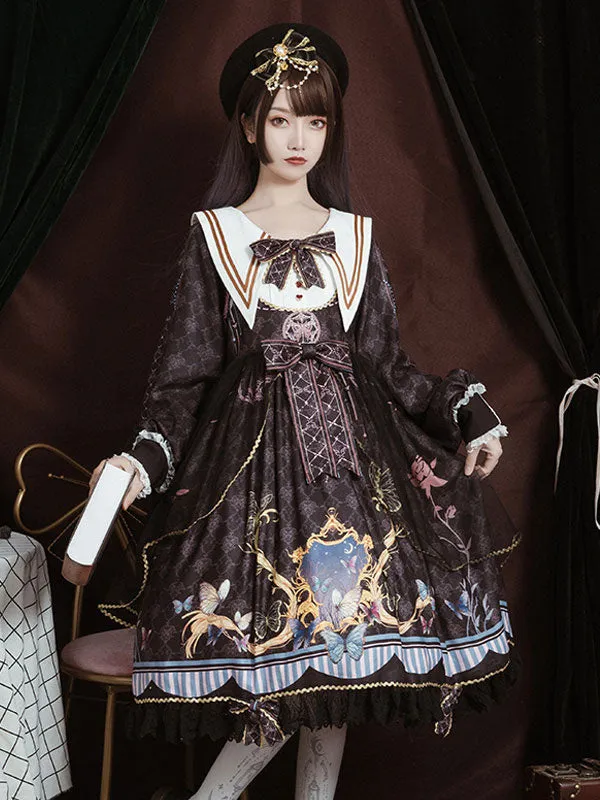 Academic Lolita OP Dress Blue Polyester Long Sleeve Bowkonts Lace Ruffles Sweet Lolita One Piece Dresses