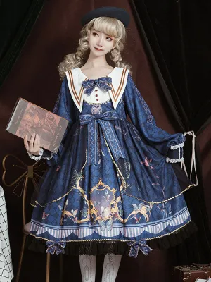 Academic Lolita OP Dress Blue Polyester Long Sleeve Bowkonts Lace Ruffles Sweet Lolita One Piece Dresses
