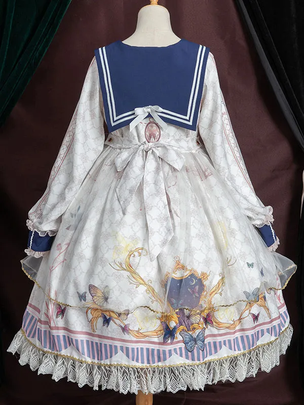 Academic Lolita OP Dress Blue Polyester Long Sleeve Bowkonts Lace Ruffles Sweet Lolita One Piece Dresses