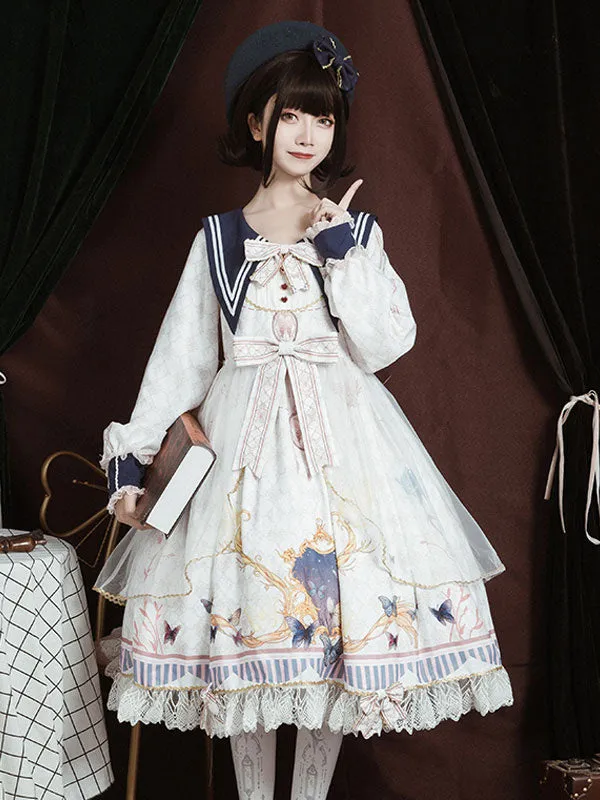 Academic Lolita OP Dress Blue Polyester Long Sleeve Bowkonts Lace Ruffles Sweet Lolita One Piece Dresses