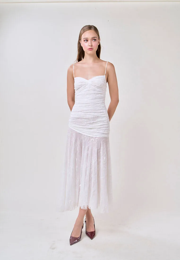 Aleyna White Sleeveless Ruched Top Lace Maxi Dress