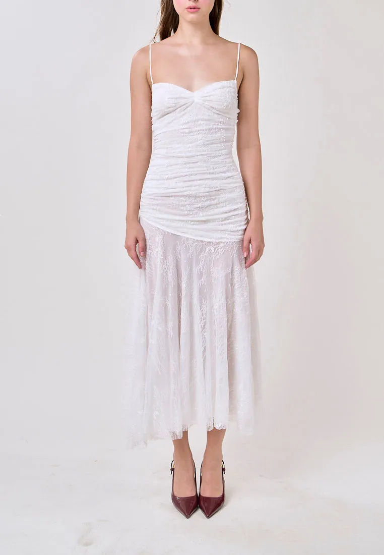 Aleyna White Sleeveless Ruched Top Lace Maxi Dress
