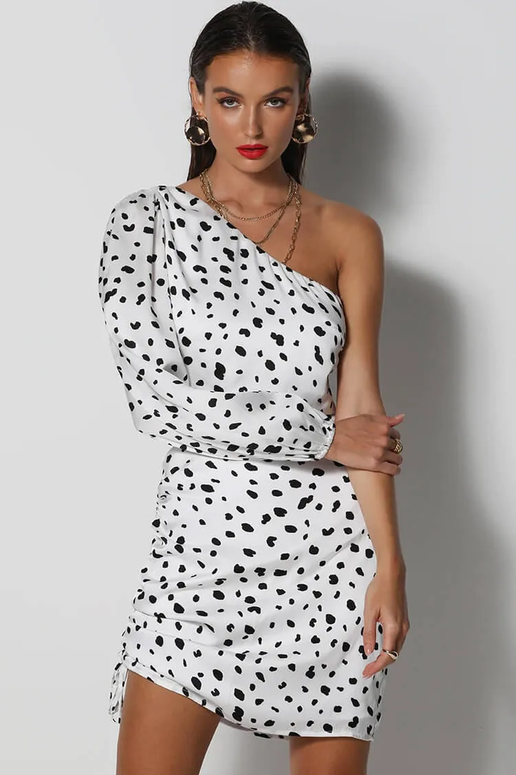 Animal Print Long Sleeve Cut Out One Shoulder Ruched Mini Dress - White