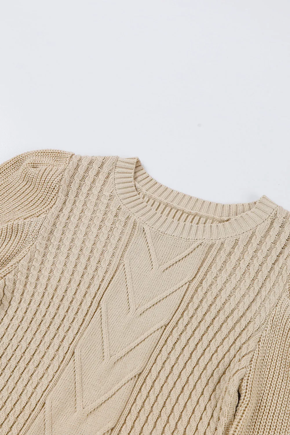 Apricot Cable Ribbed Mix Pattern Knit Puff Sleeve Sweater