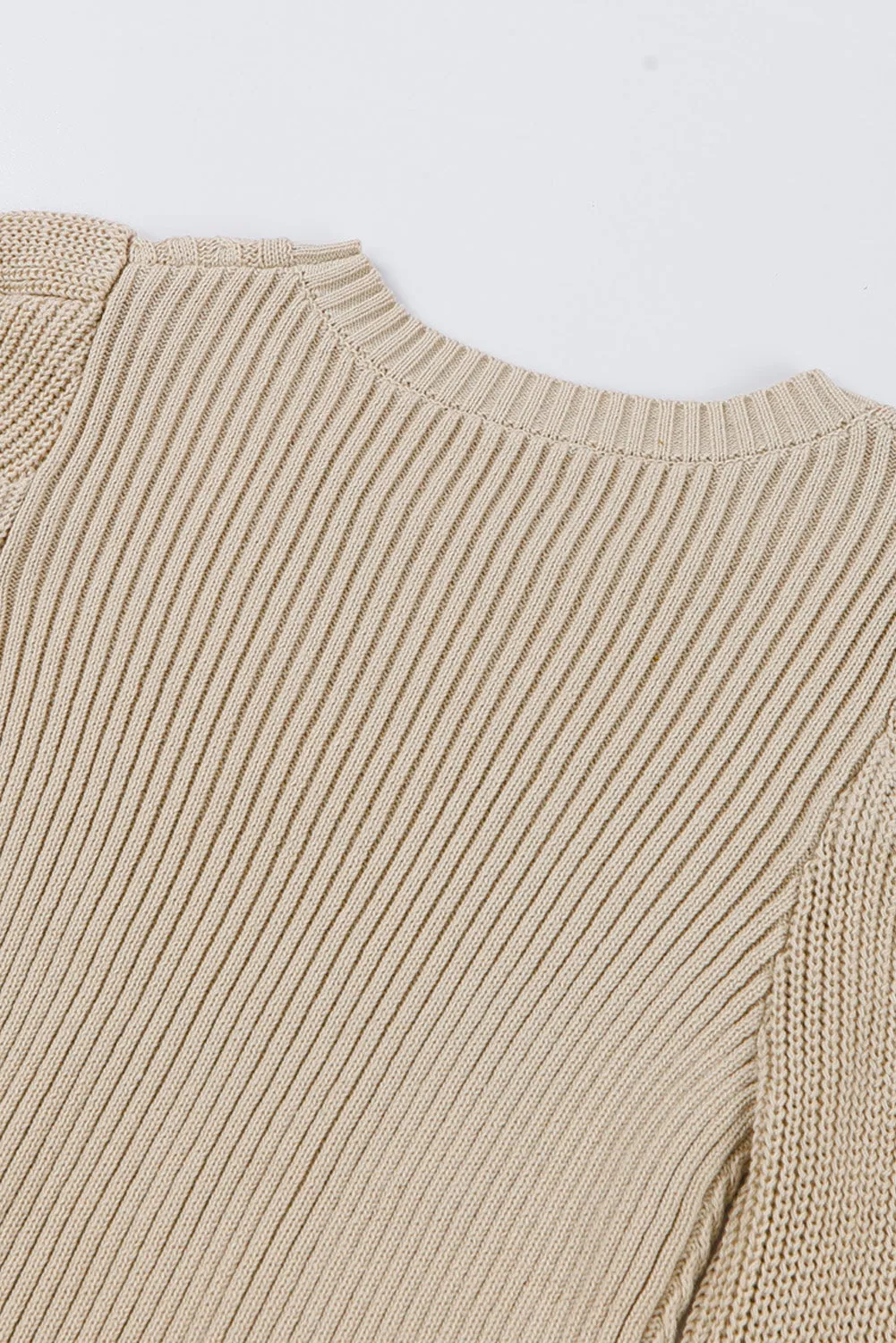 Apricot Cable Ribbed Mix Pattern Knit Puff Sleeve Sweater