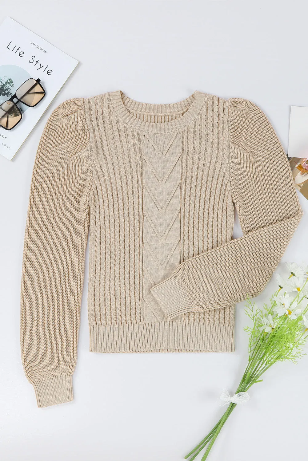 Apricot Cable Ribbed Mix Pattern Knit Puff Sleeve Sweater