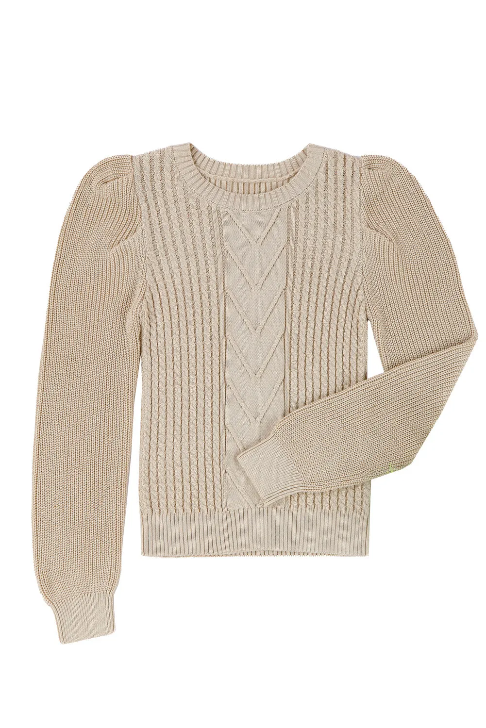 Apricot Cable Ribbed Mix Pattern Knit Puff Sleeve Sweater