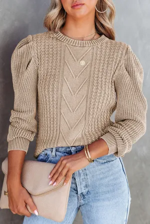 Apricot Cable Ribbed Mix Pattern Knit Puff Sleeve Sweater