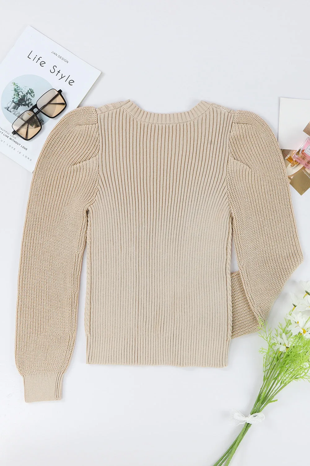 Apricot Cable Ribbed Mix Pattern Knit Puff Sleeve Sweater