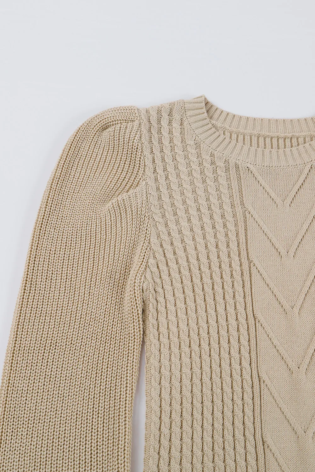 Apricot Cable Ribbed Mix Pattern Knit Puff Sleeve Sweater