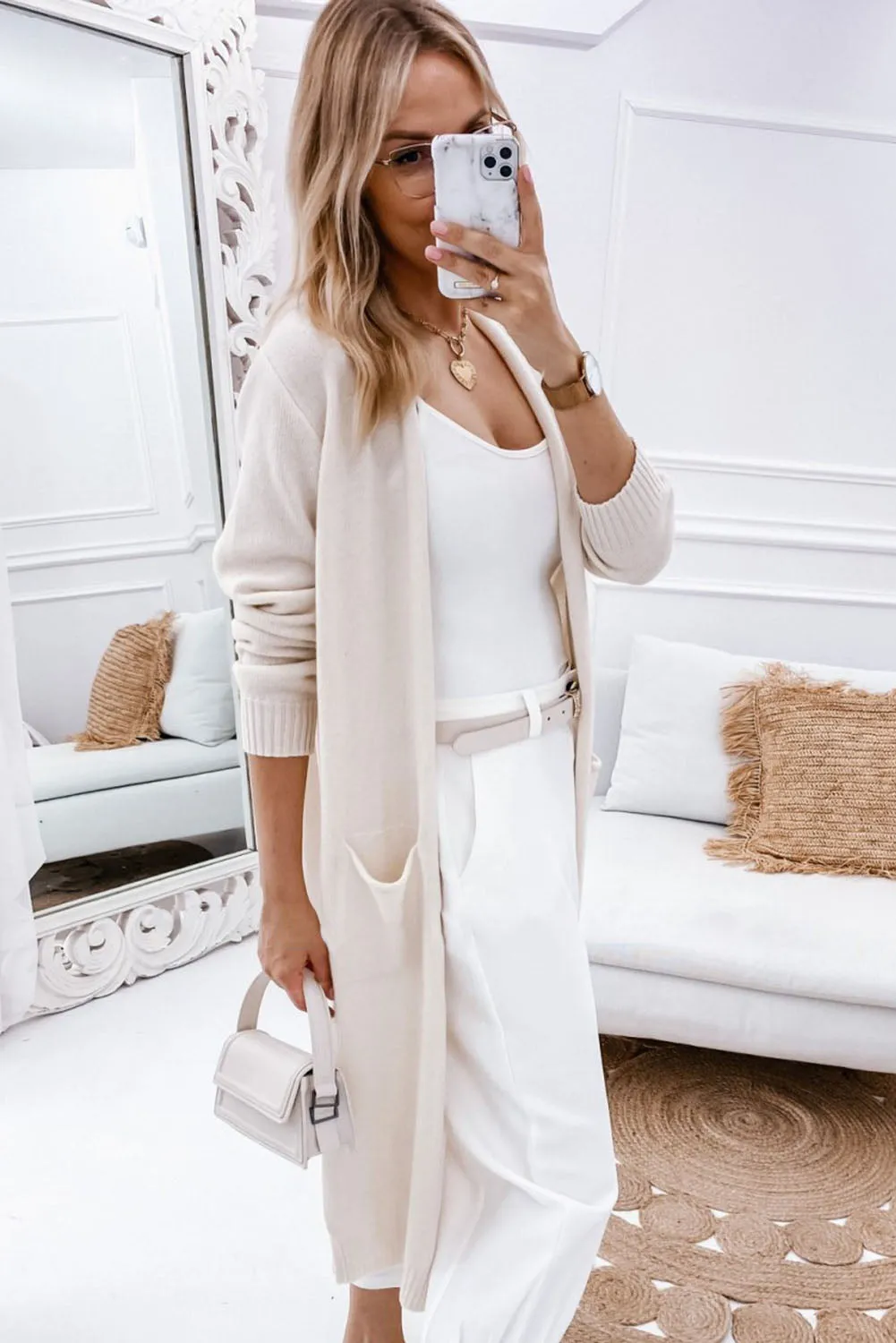 Apricot Ribbed Trim Pockets Duster Cardigan