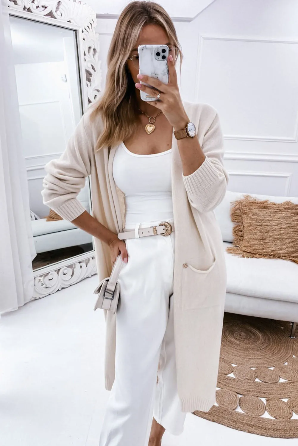 Apricot Ribbed Trim Pockets Duster Cardigan