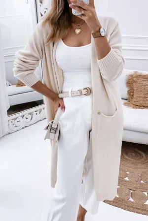 Apricot Ribbed Trim Pockets Duster Cardigan