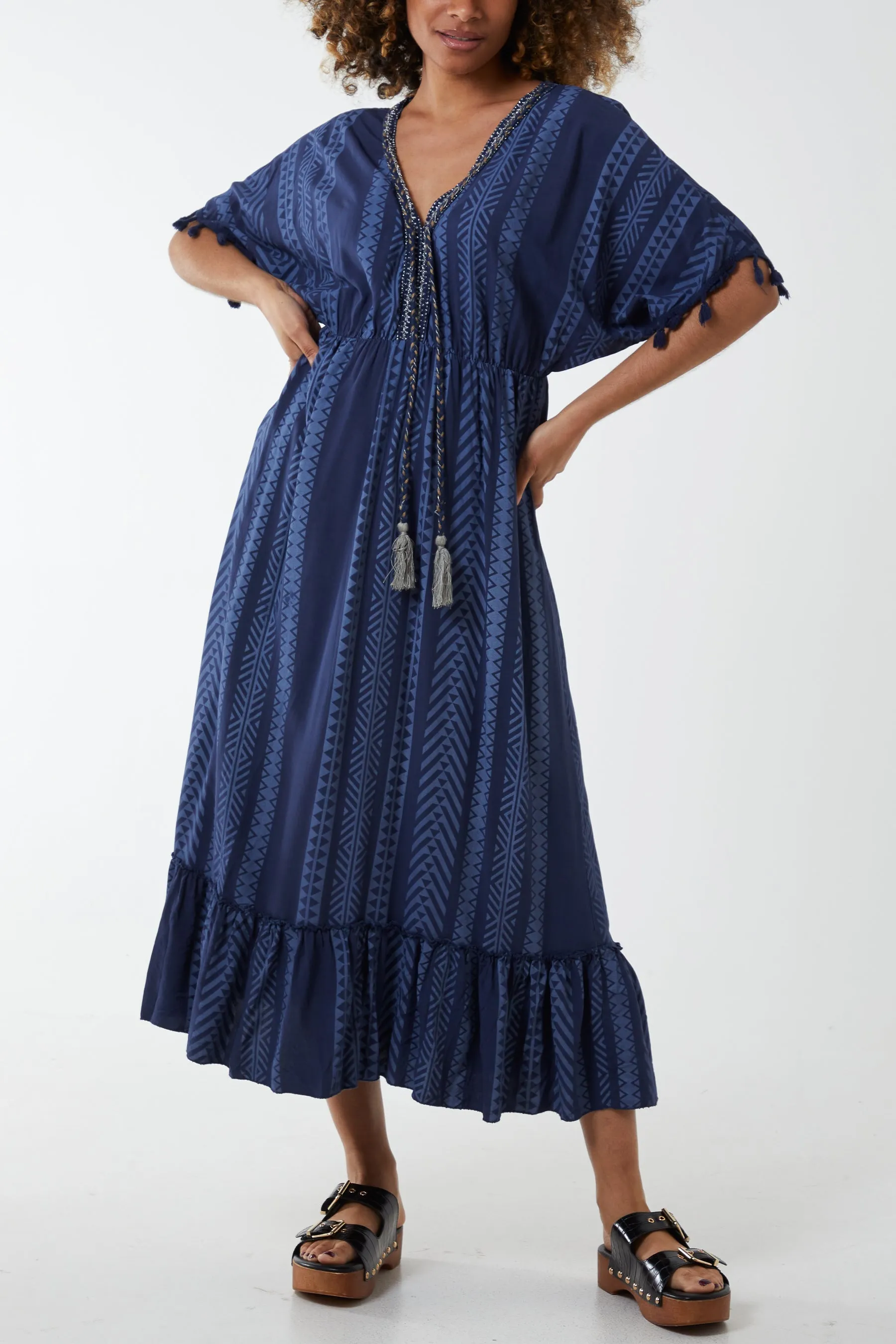 Aztec Print Tassel Midi Dress