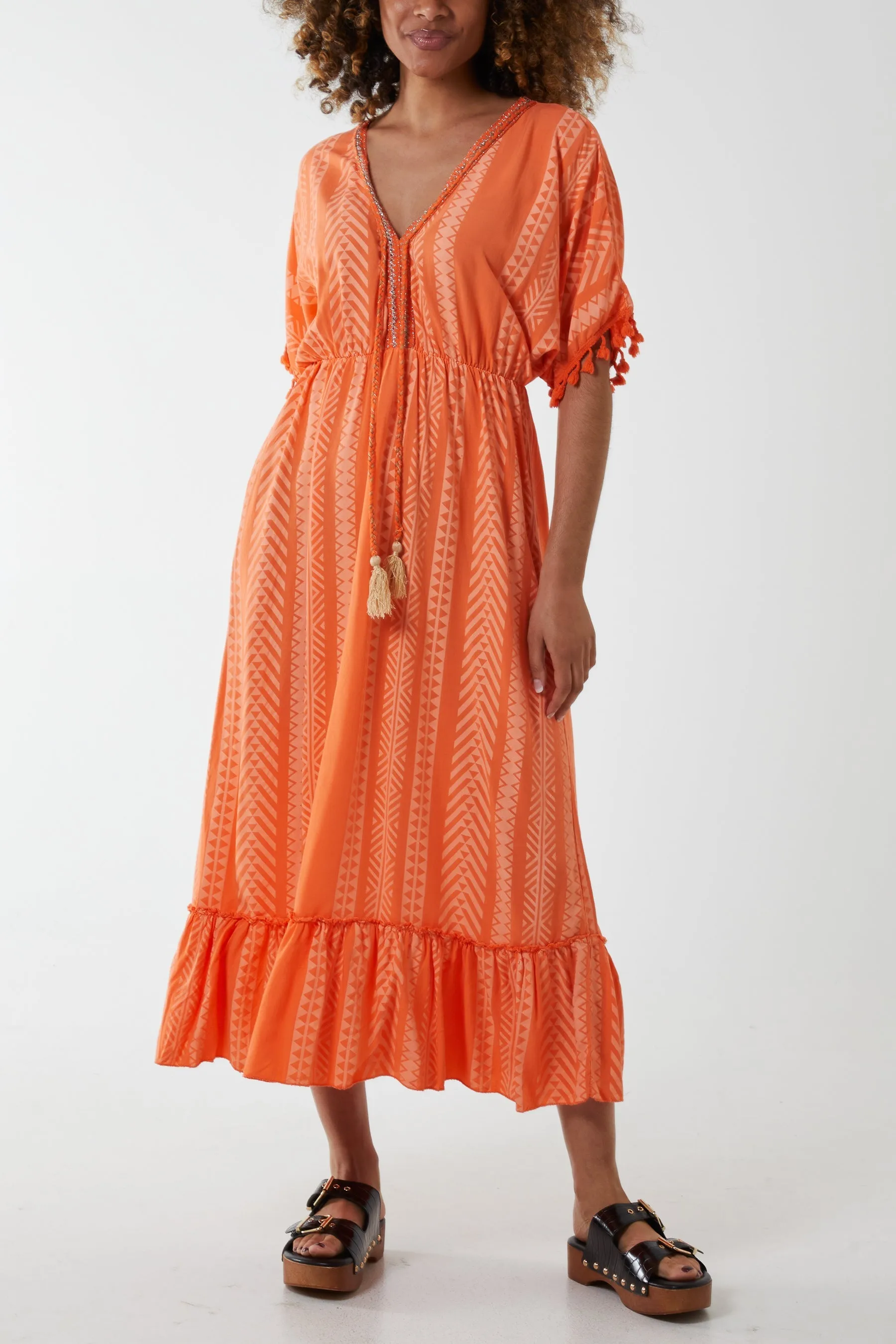 Aztec Print Tassel Midi Dress