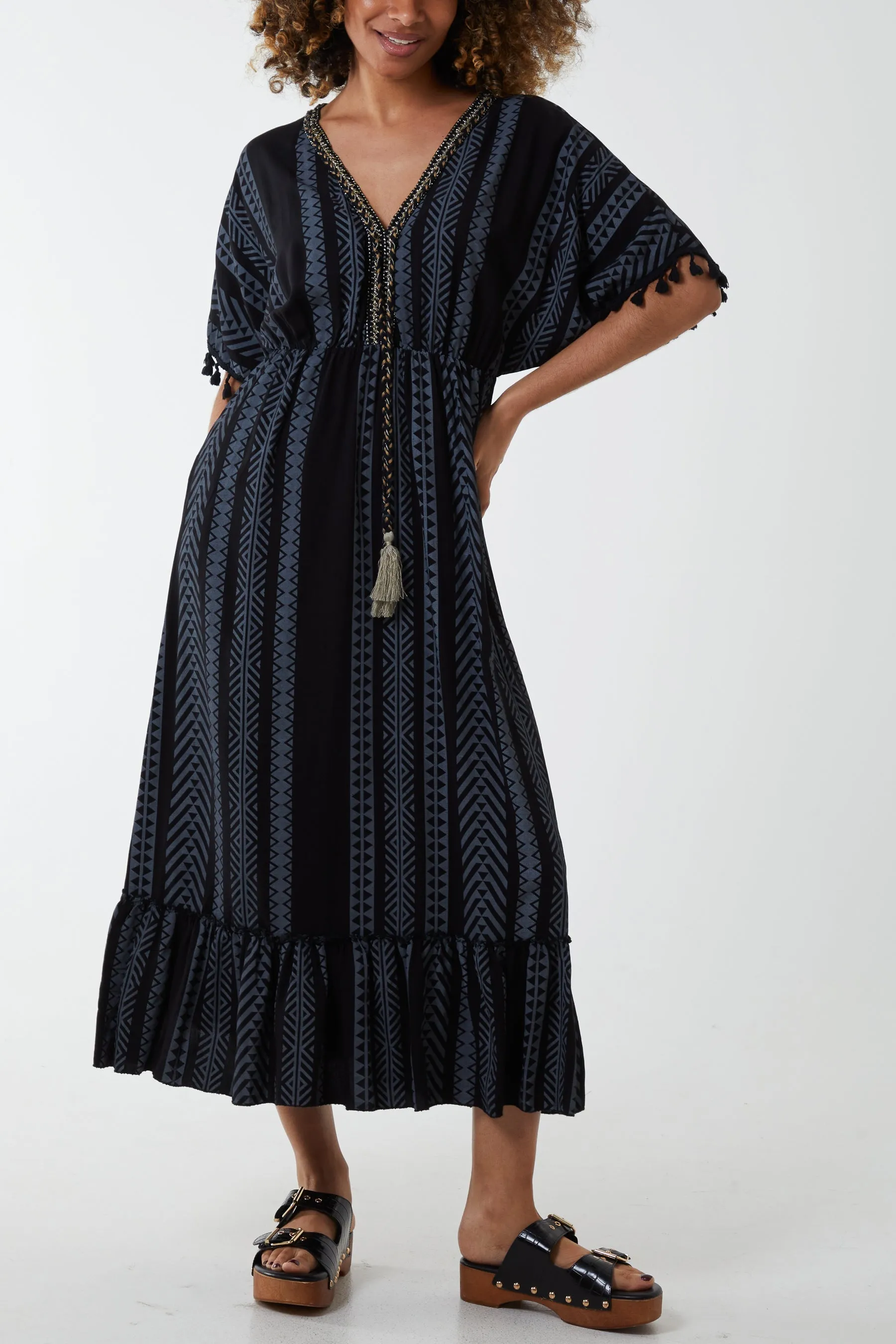 Aztec Print Tassel Midi Dress