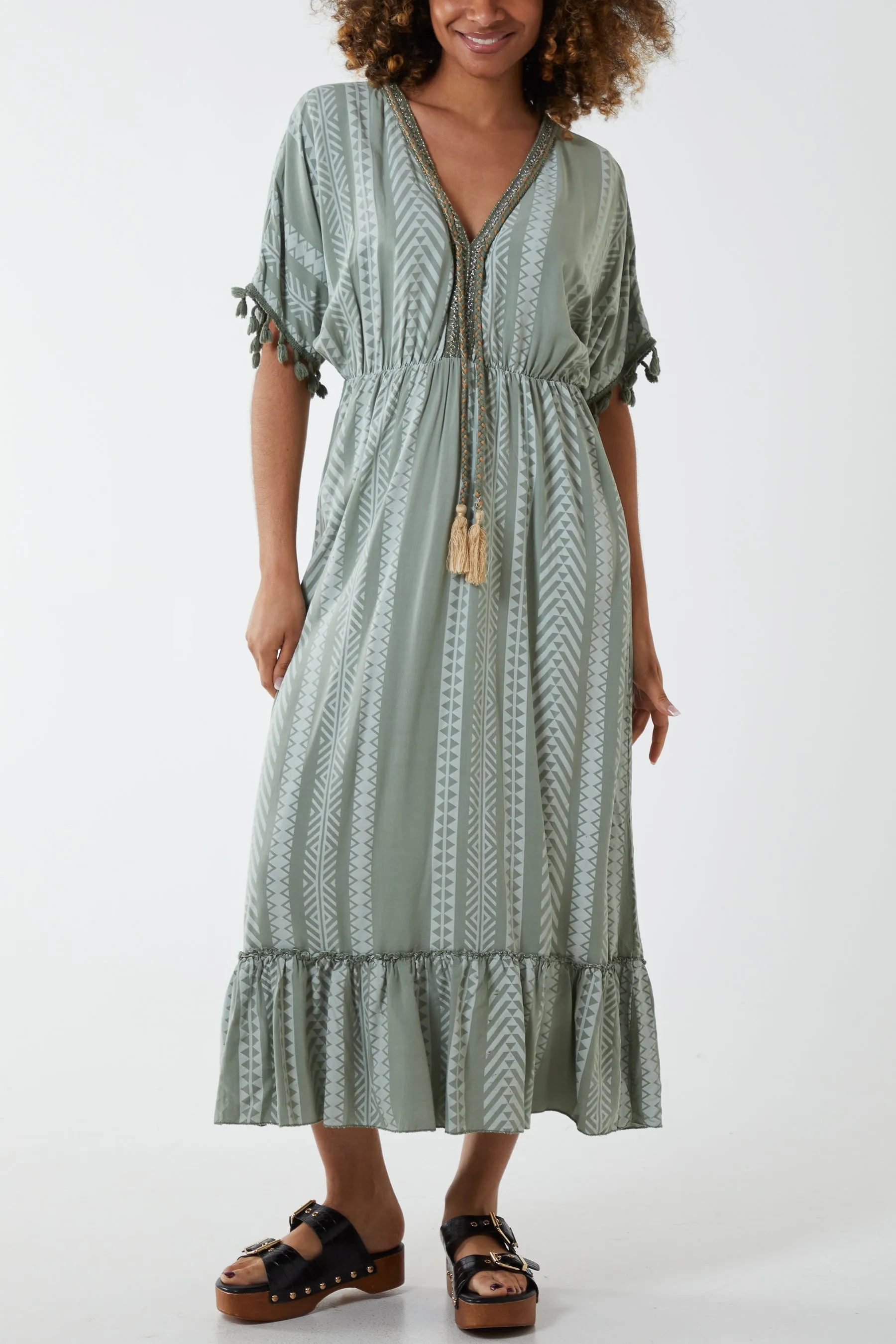 Aztec Print Tassel Midi Dress