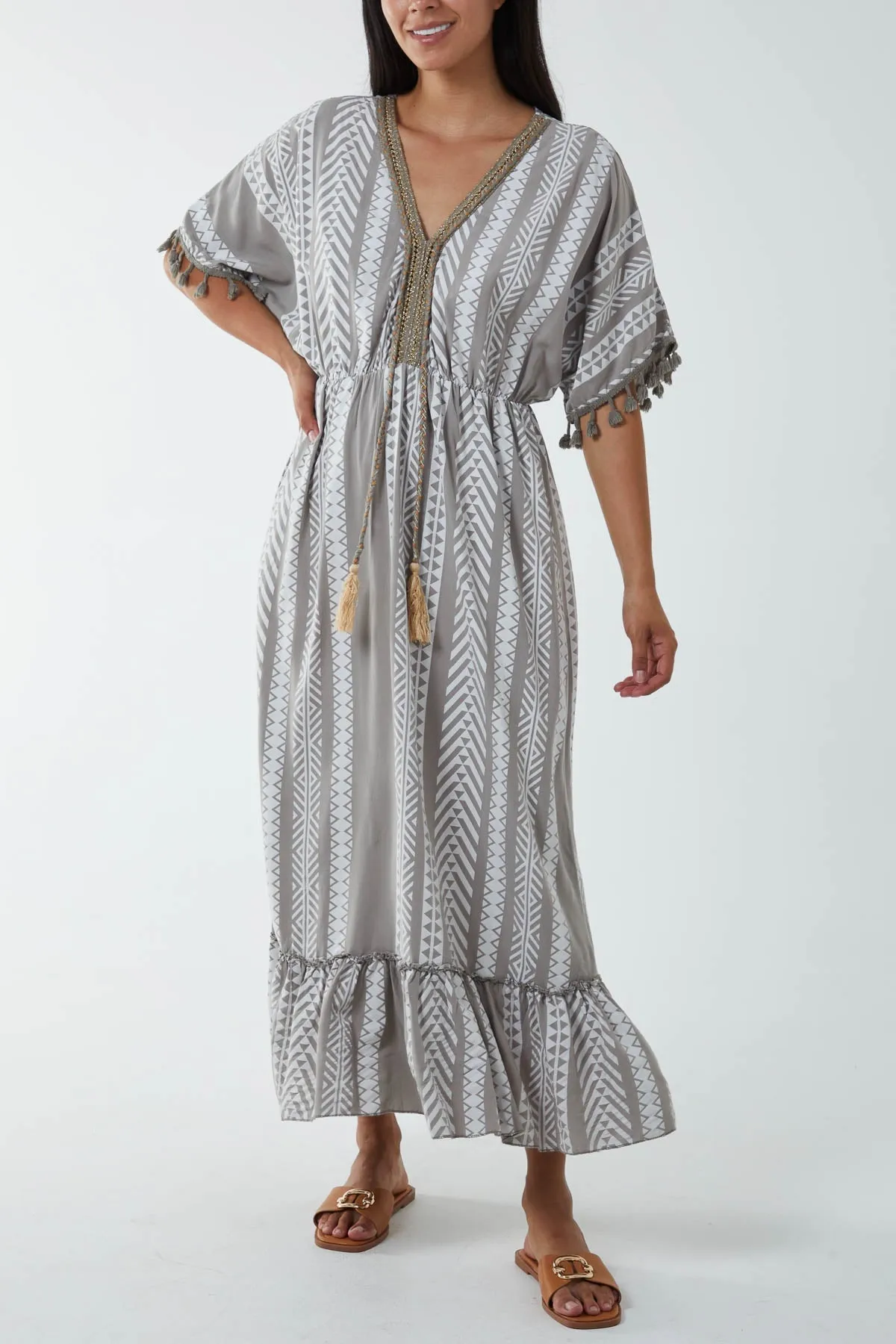 Aztec Print Tassel Midi Dress