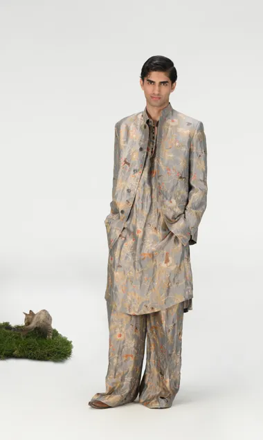 Bandhgala Silk Brocade Monsoon Cloud
