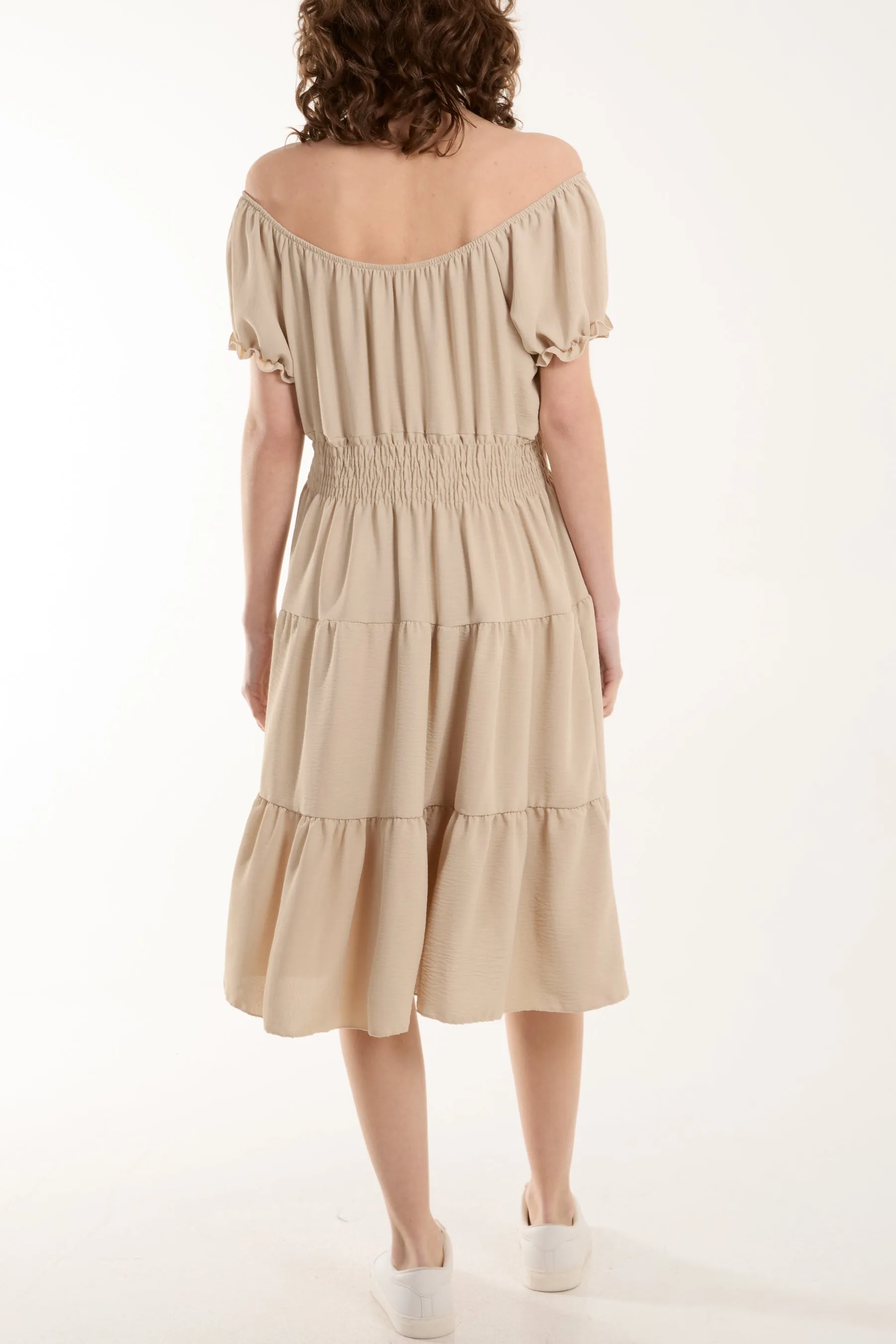 Bardot Shirred Bodice Tiered Dress