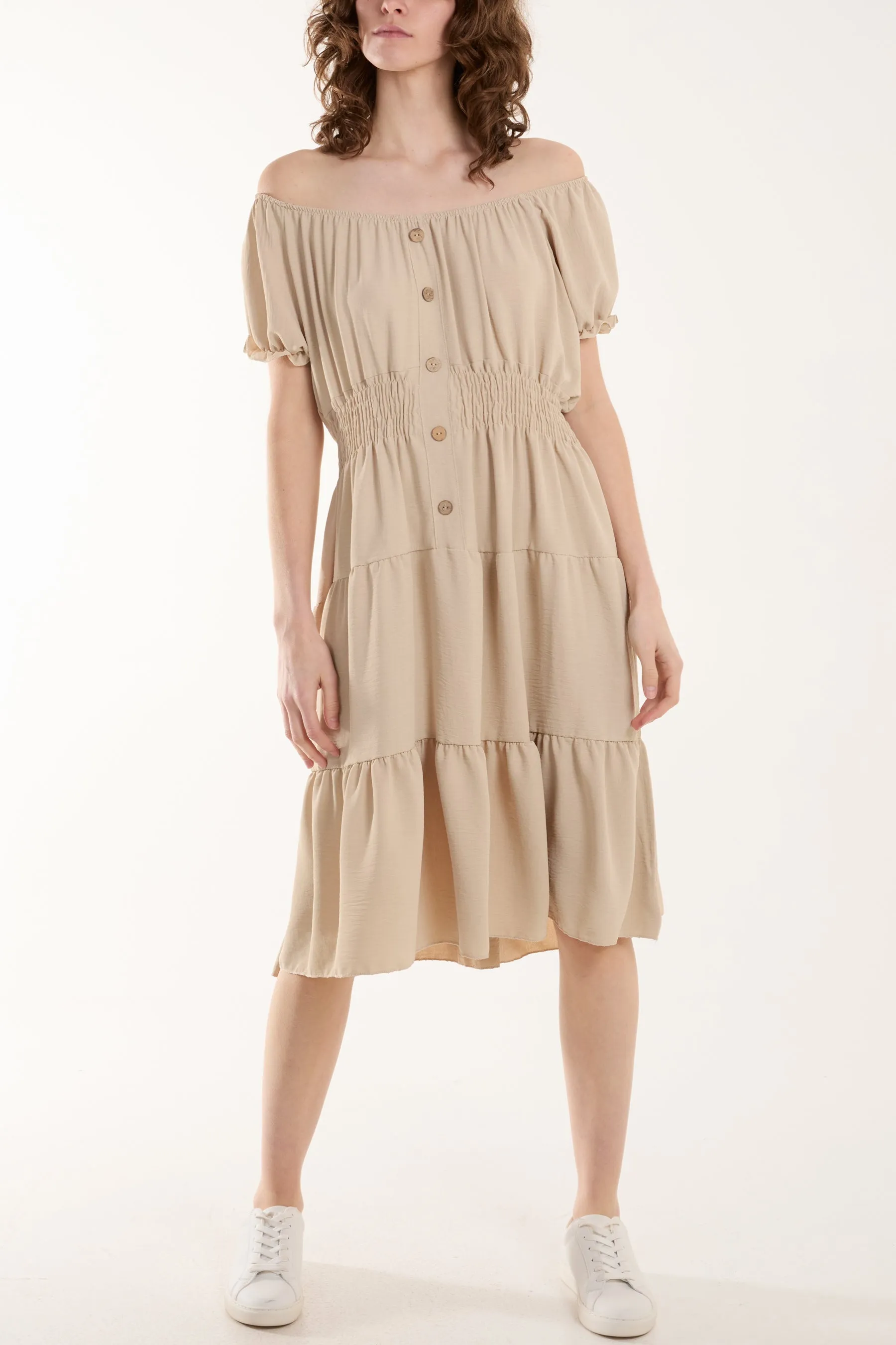 Bardot Shirred Bodice Tiered Dress