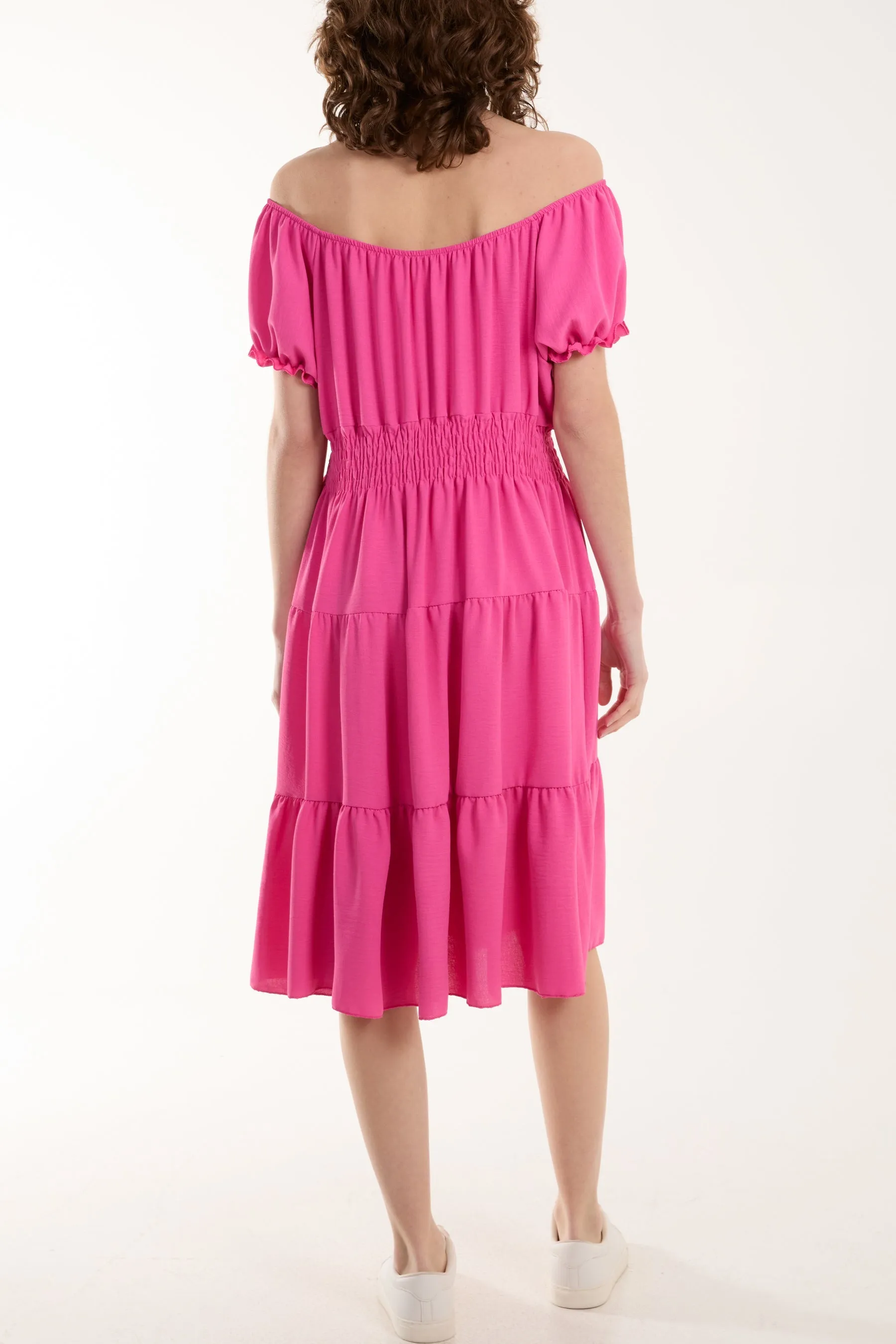 Bardot Shirred Bodice Tiered Dress
