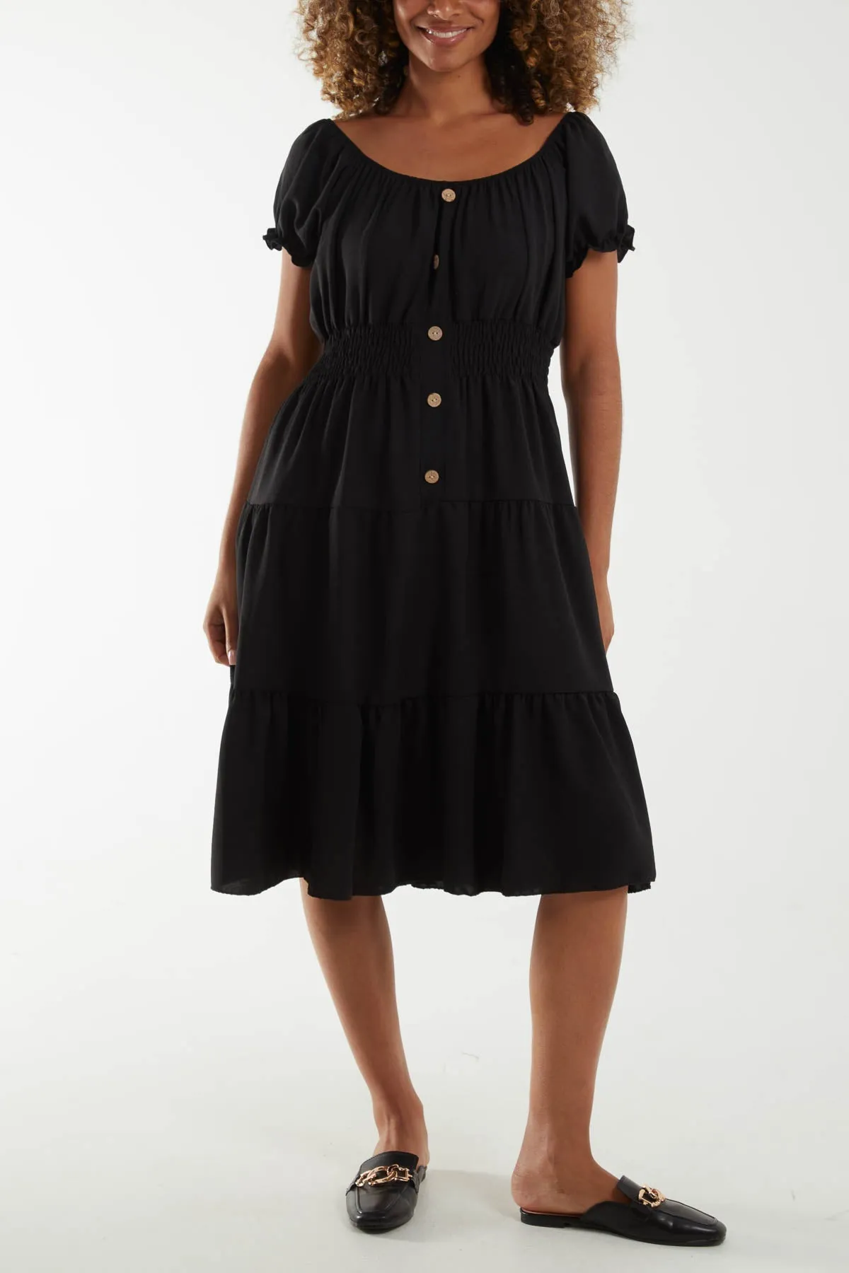 Bardot Shirred Bodice Tiered Dress