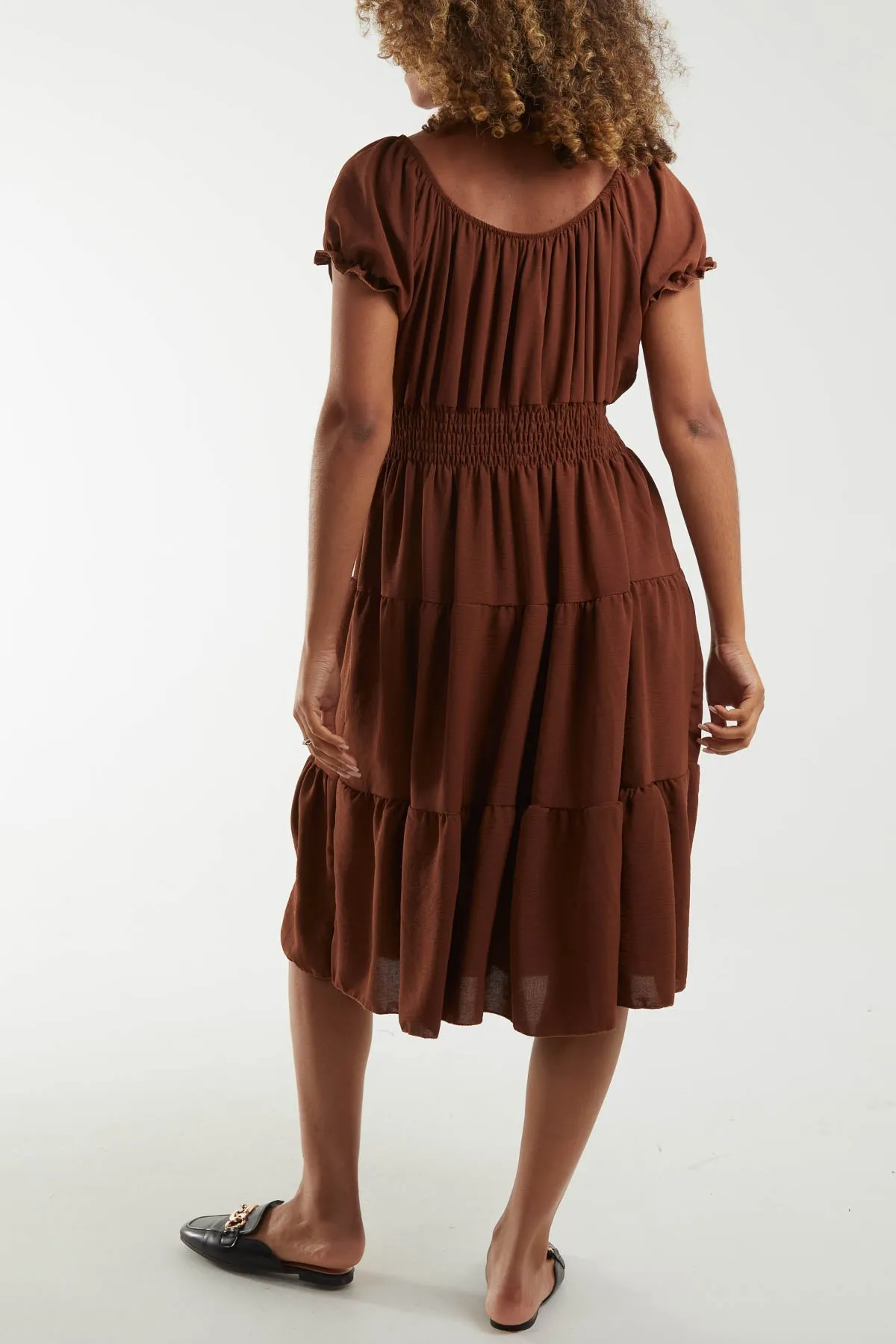 Bardot Shirred Bodice Tiered Dress