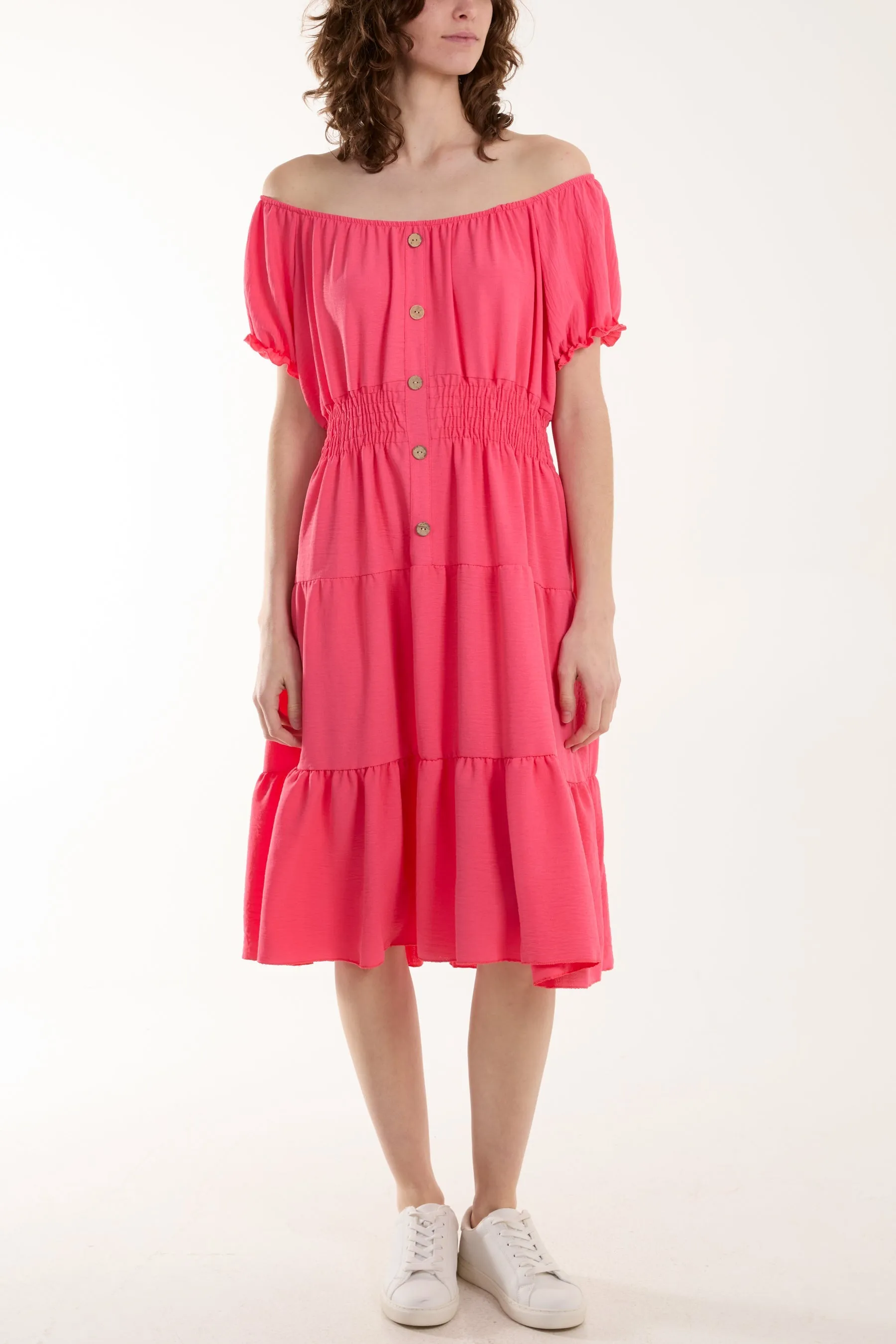 Bardot Shirred Bodice Tiered Dress