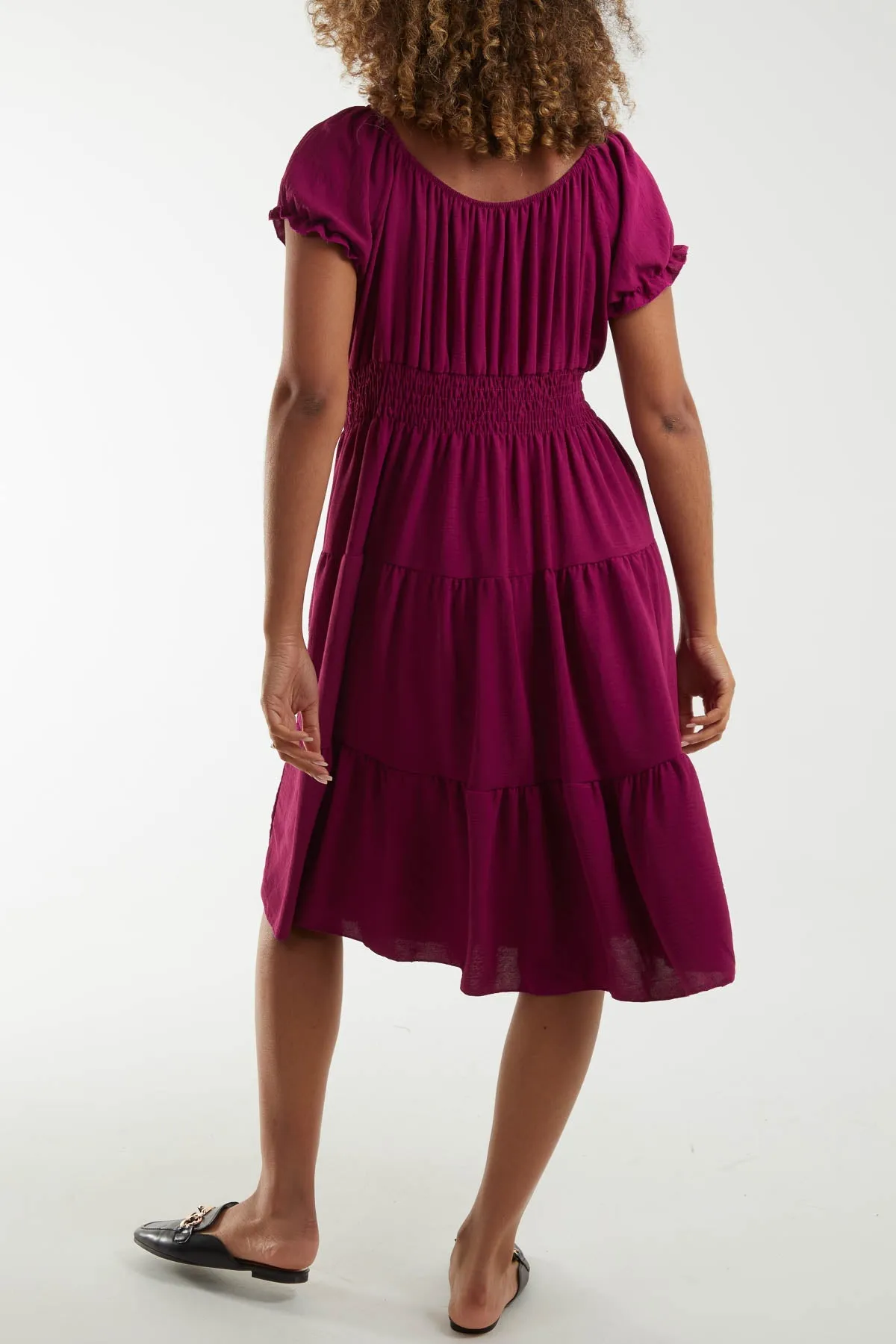 Bardot Shirred Bodice Tiered Dress