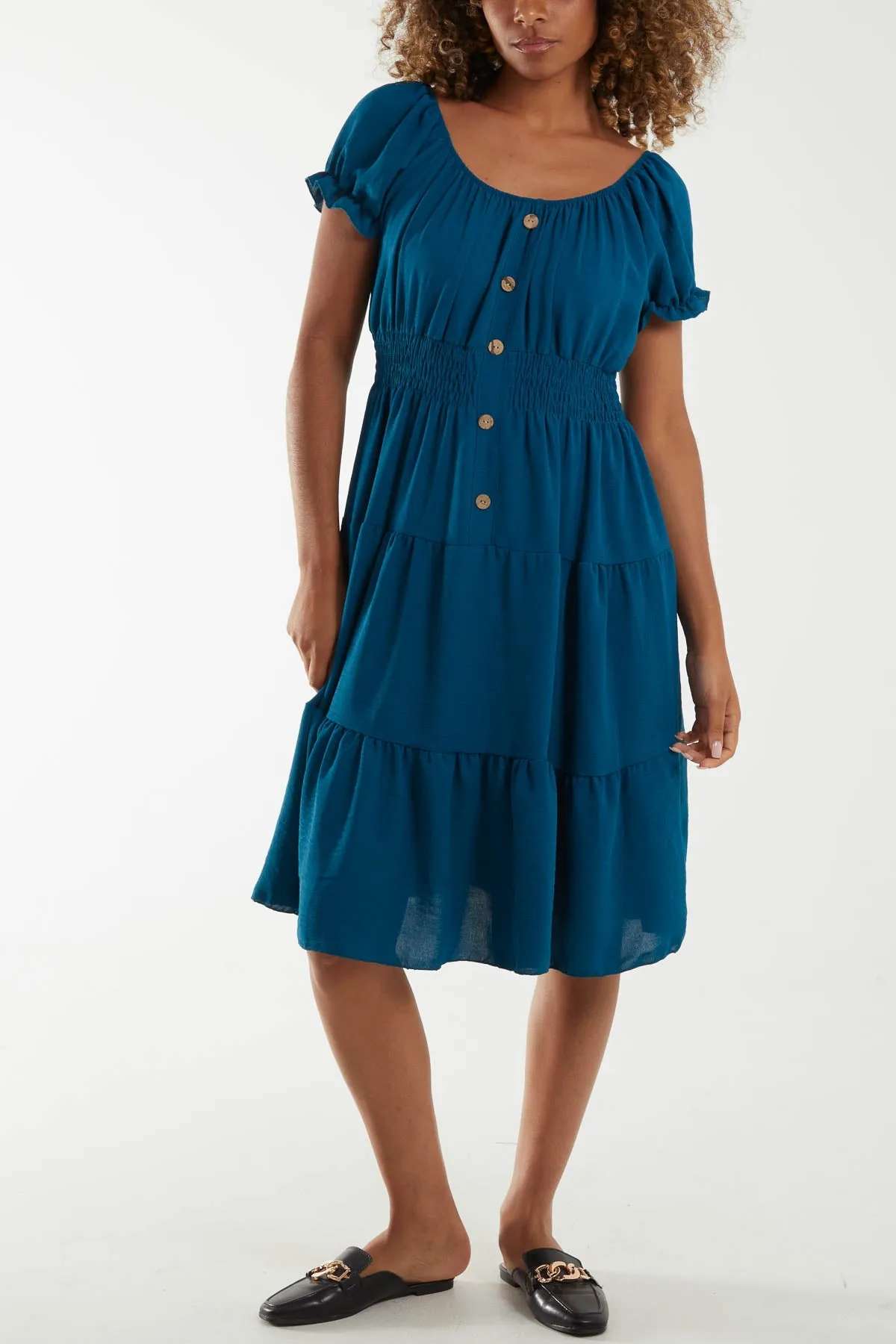 Bardot Shirred Bodice Tiered Dress