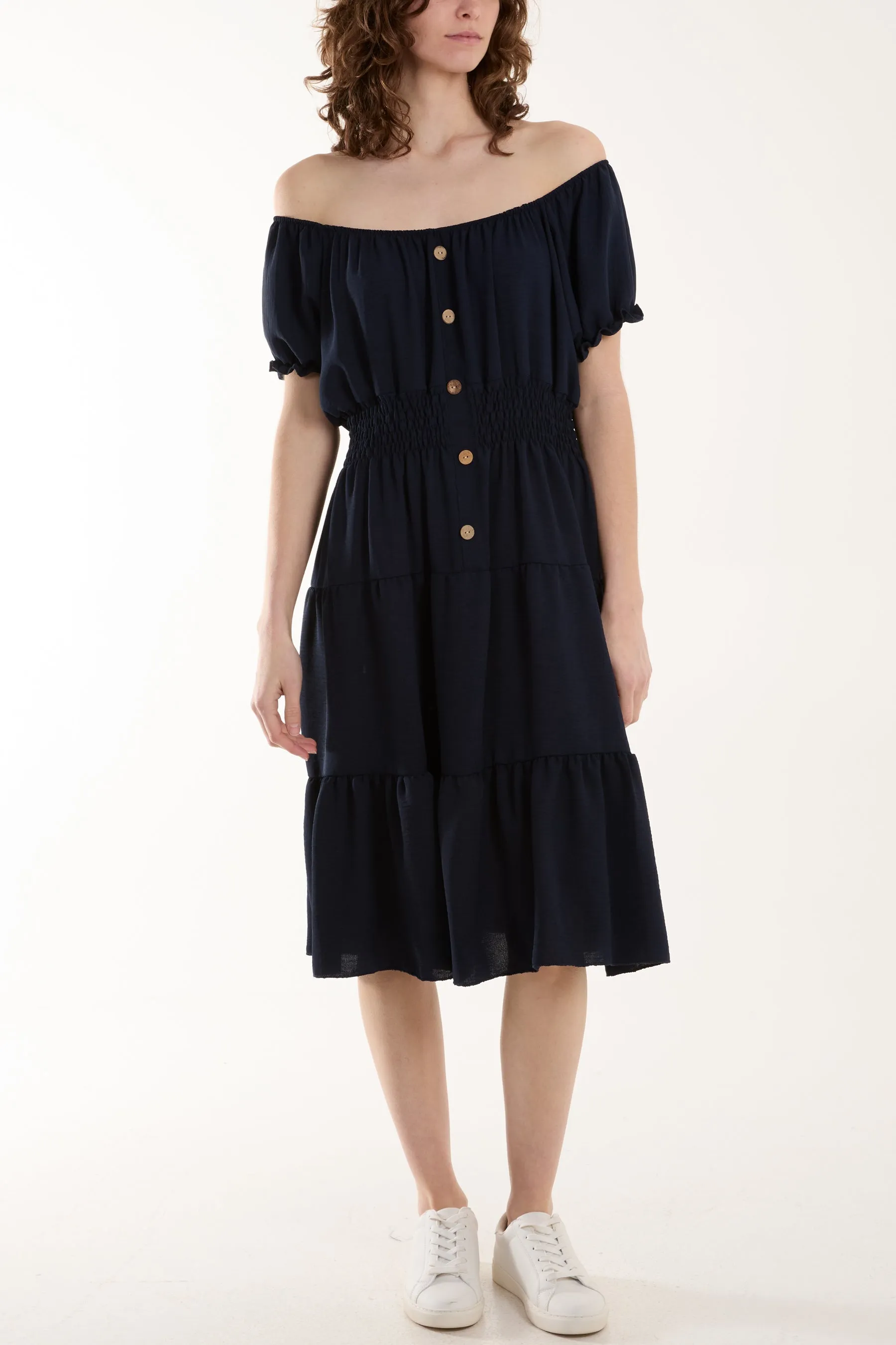 Bardot Shirred Bodice Tiered Dress