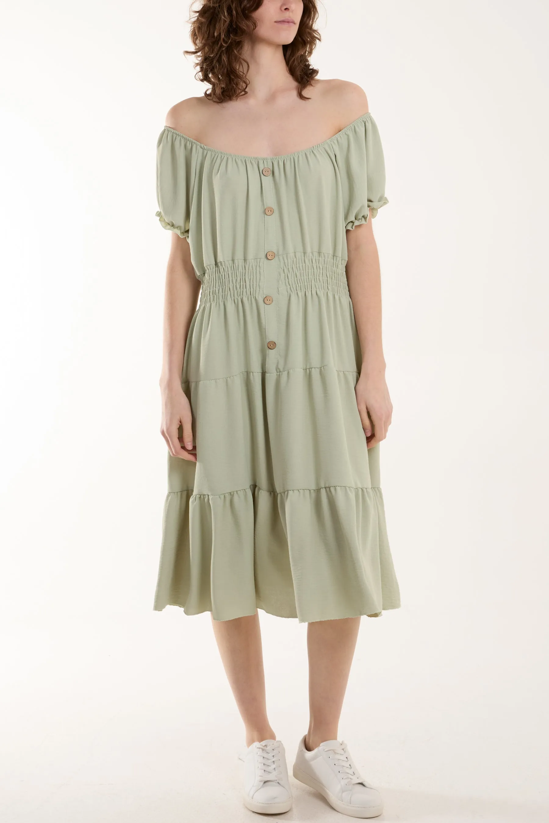 Bardot Shirred Bodice Tiered Dress