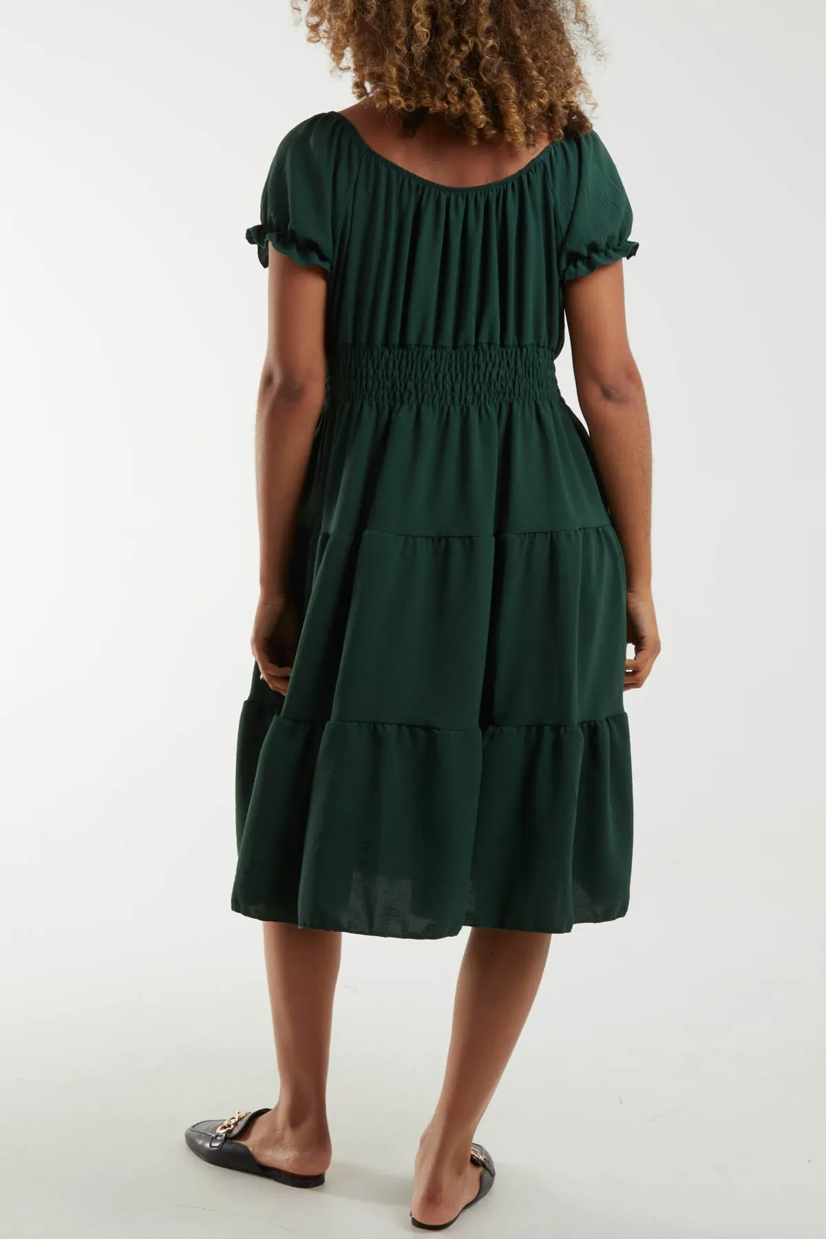 Bardot Shirred Bodice Tiered Dress