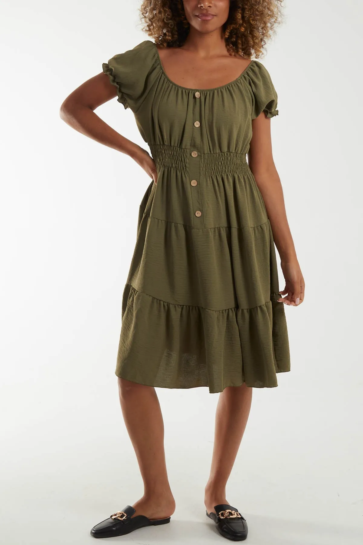 Bardot Shirred Bodice Tiered Dress