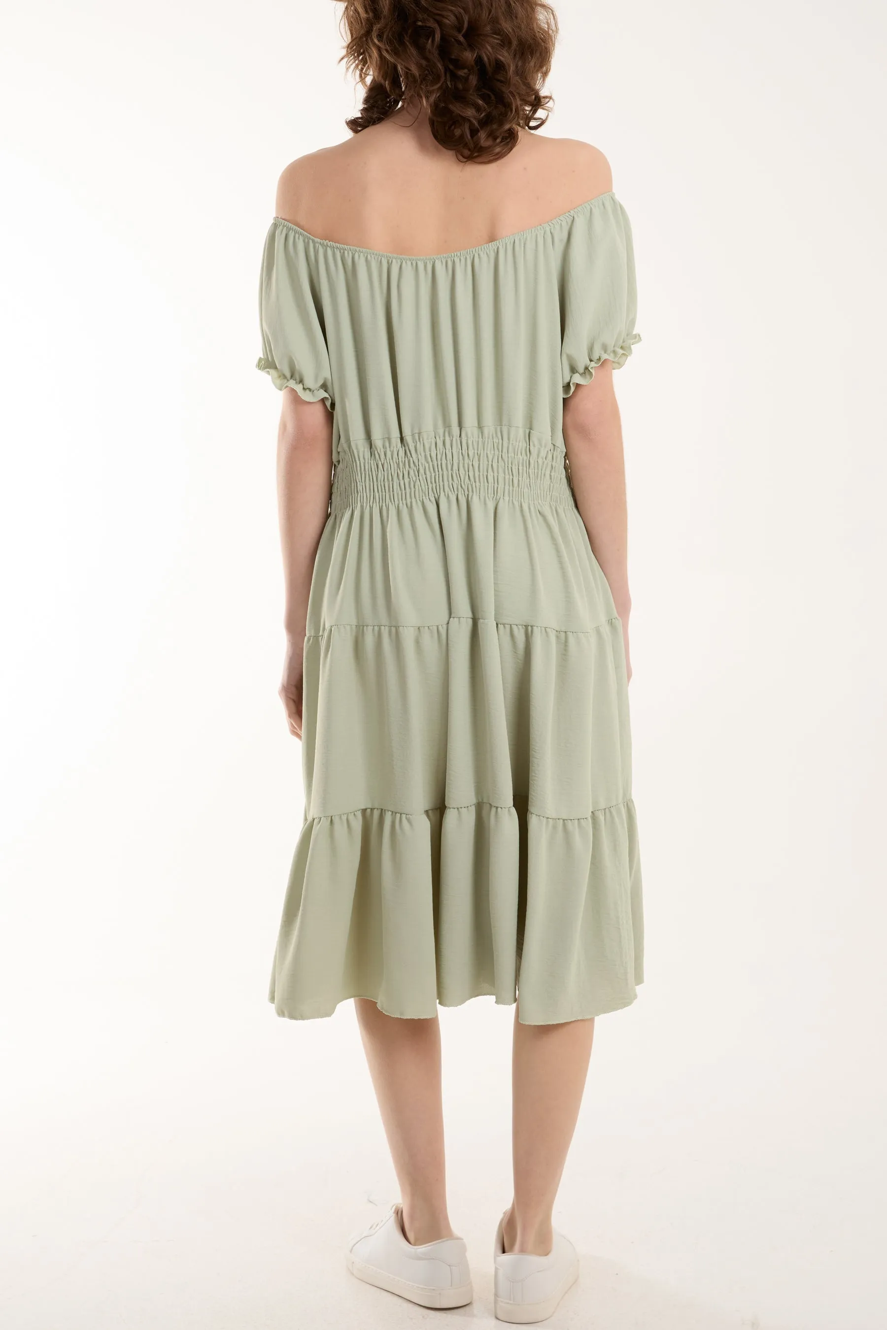 Bardot Shirred Bodice Tiered Dress