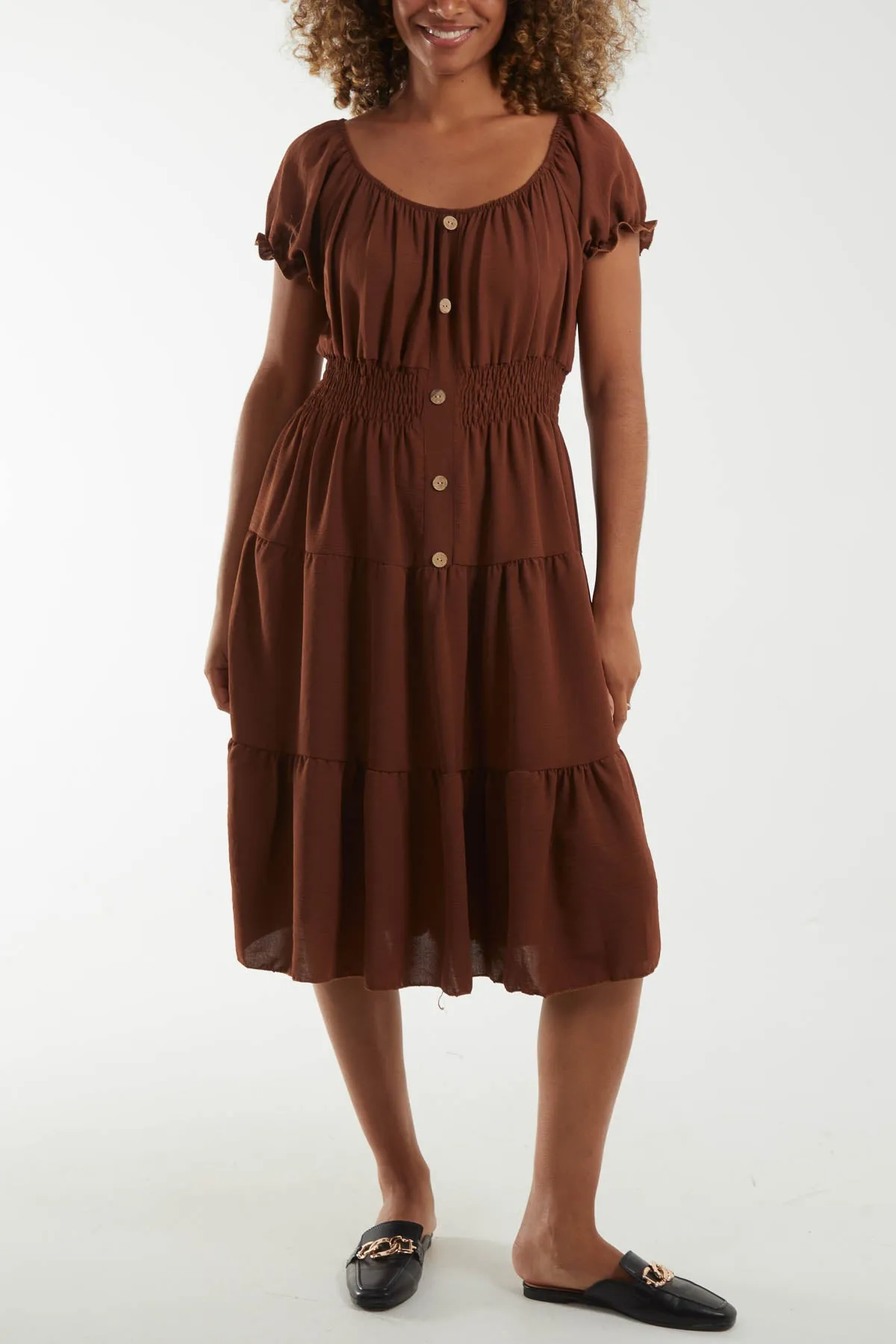 Bardot Shirred Bodice Tiered Dress