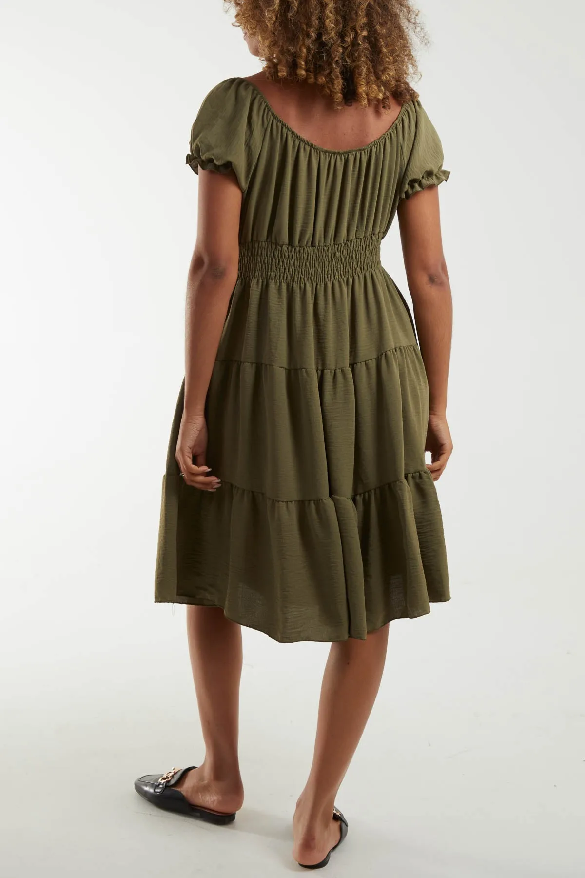 Bardot Shirred Bodice Tiered Dress