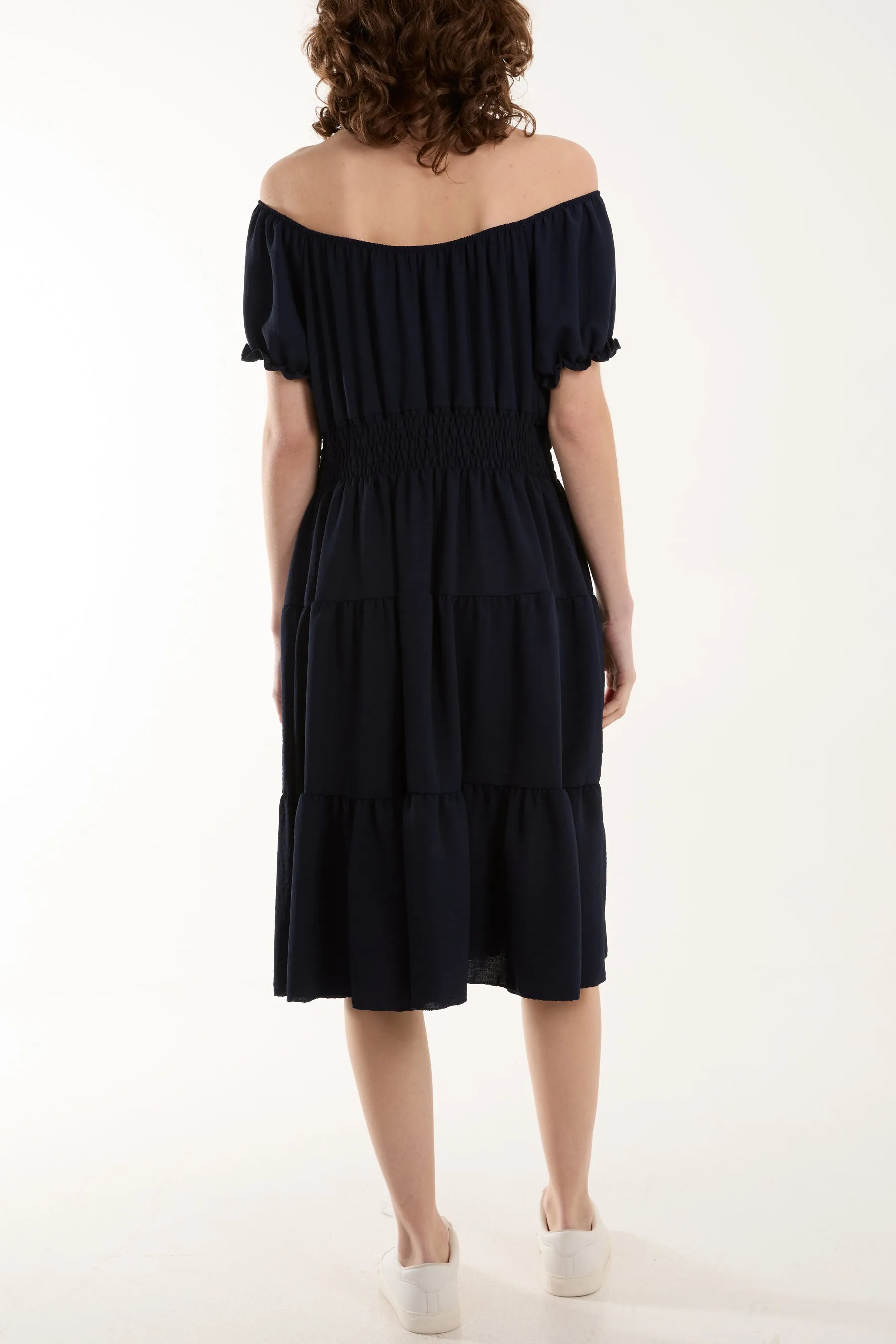 Bardot Shirred Bodice Tiered Dress