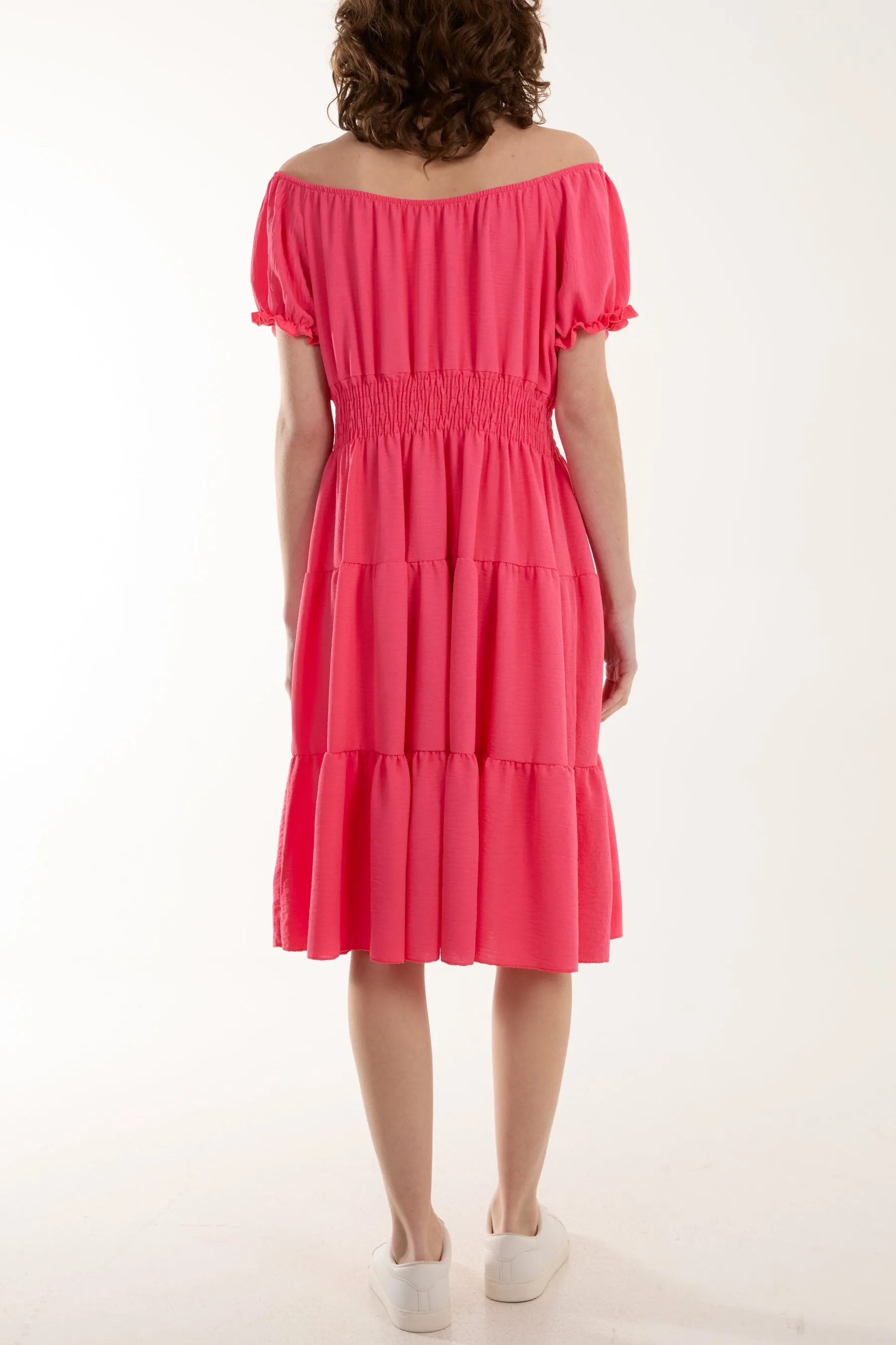 Bardot Shirred Bodice Tiered Dress