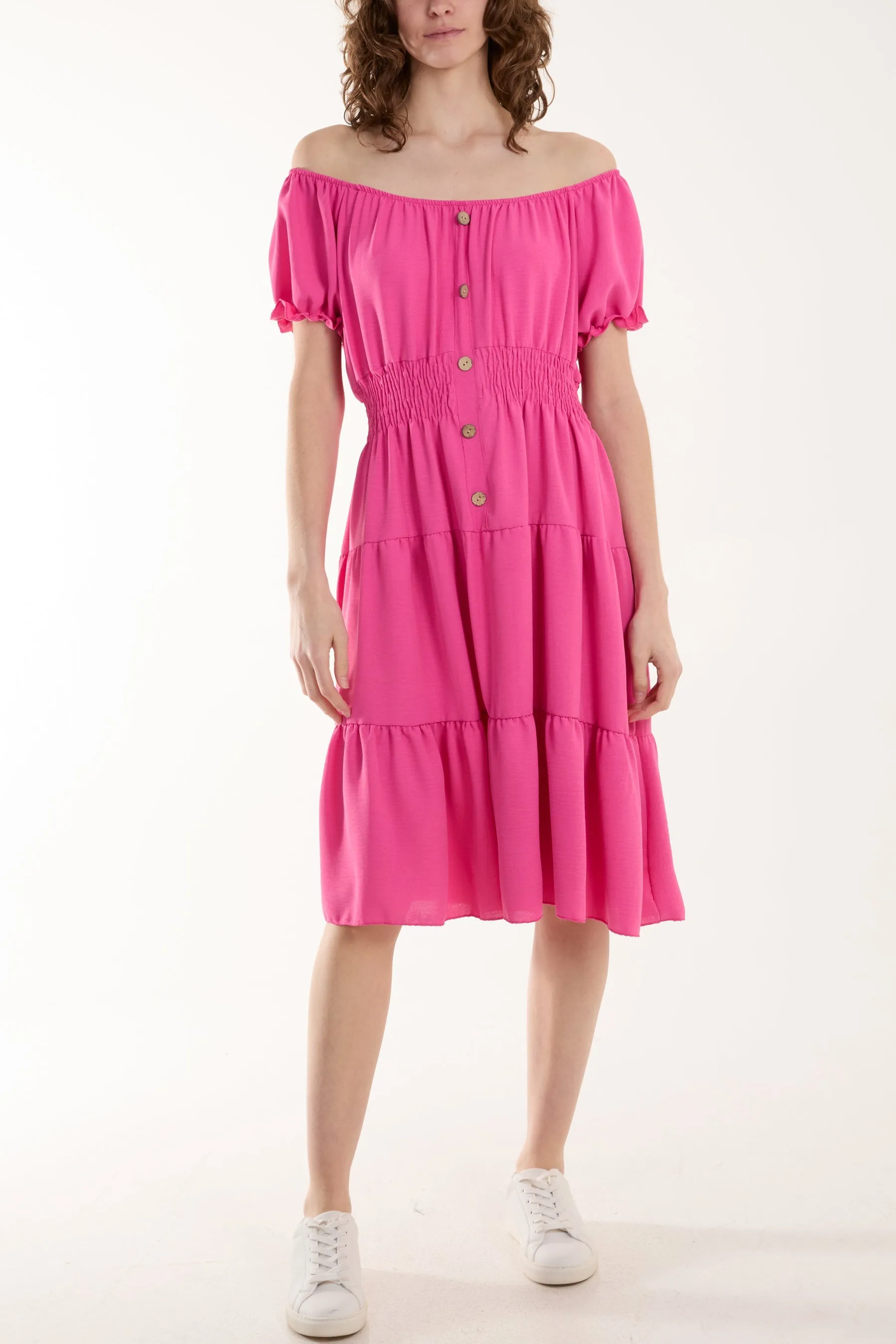 Bardot Shirred Bodice Tiered Dress