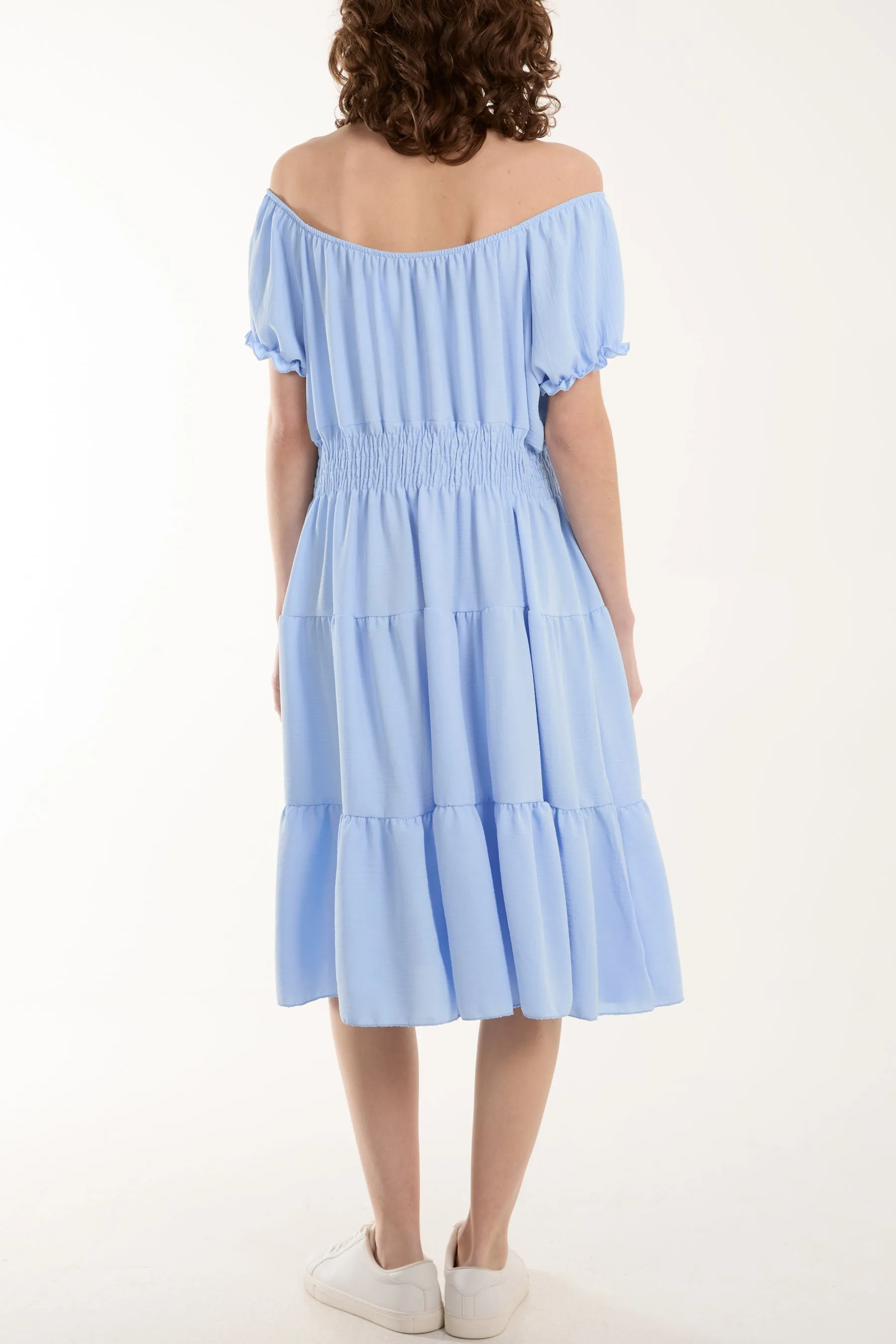 Bardot Shirred Bodice Tiered Dress