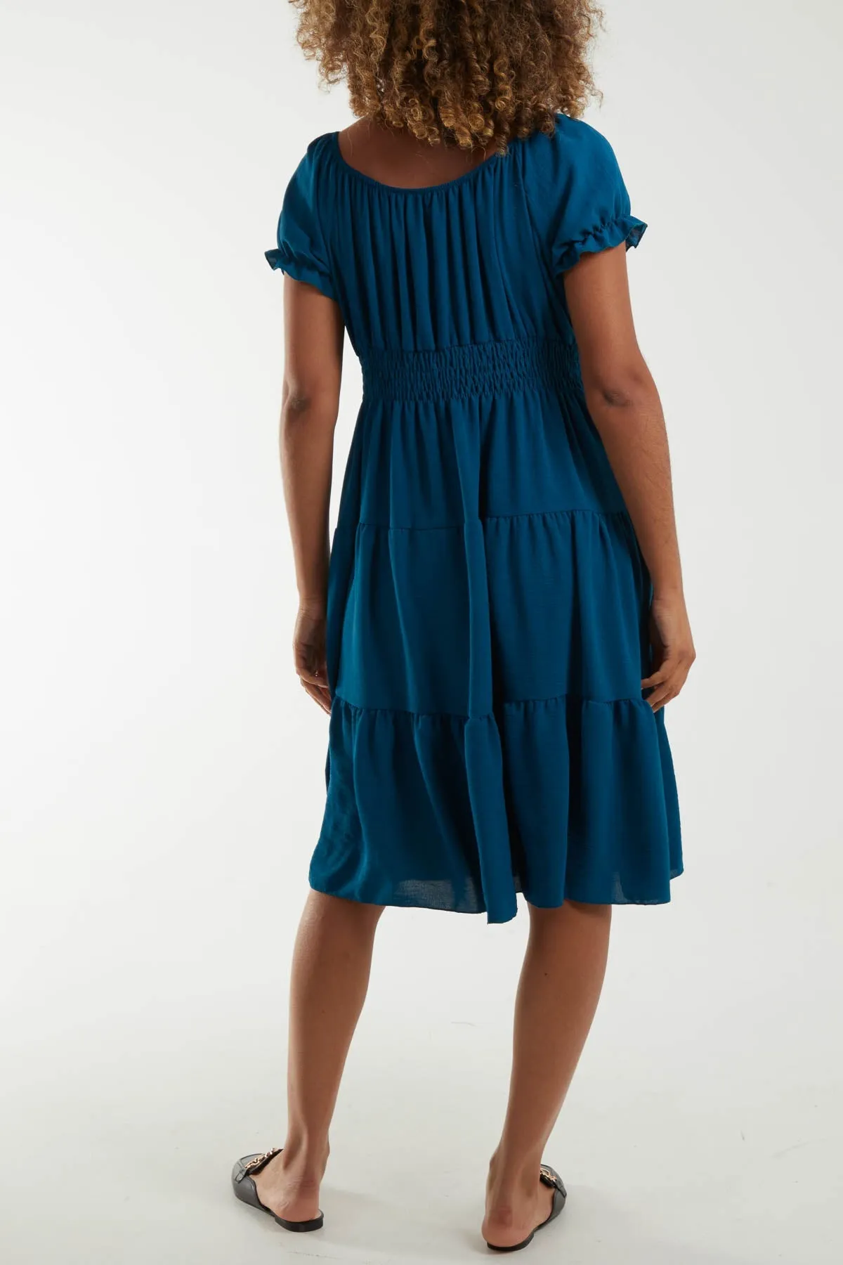 Bardot Shirred Bodice Tiered Dress