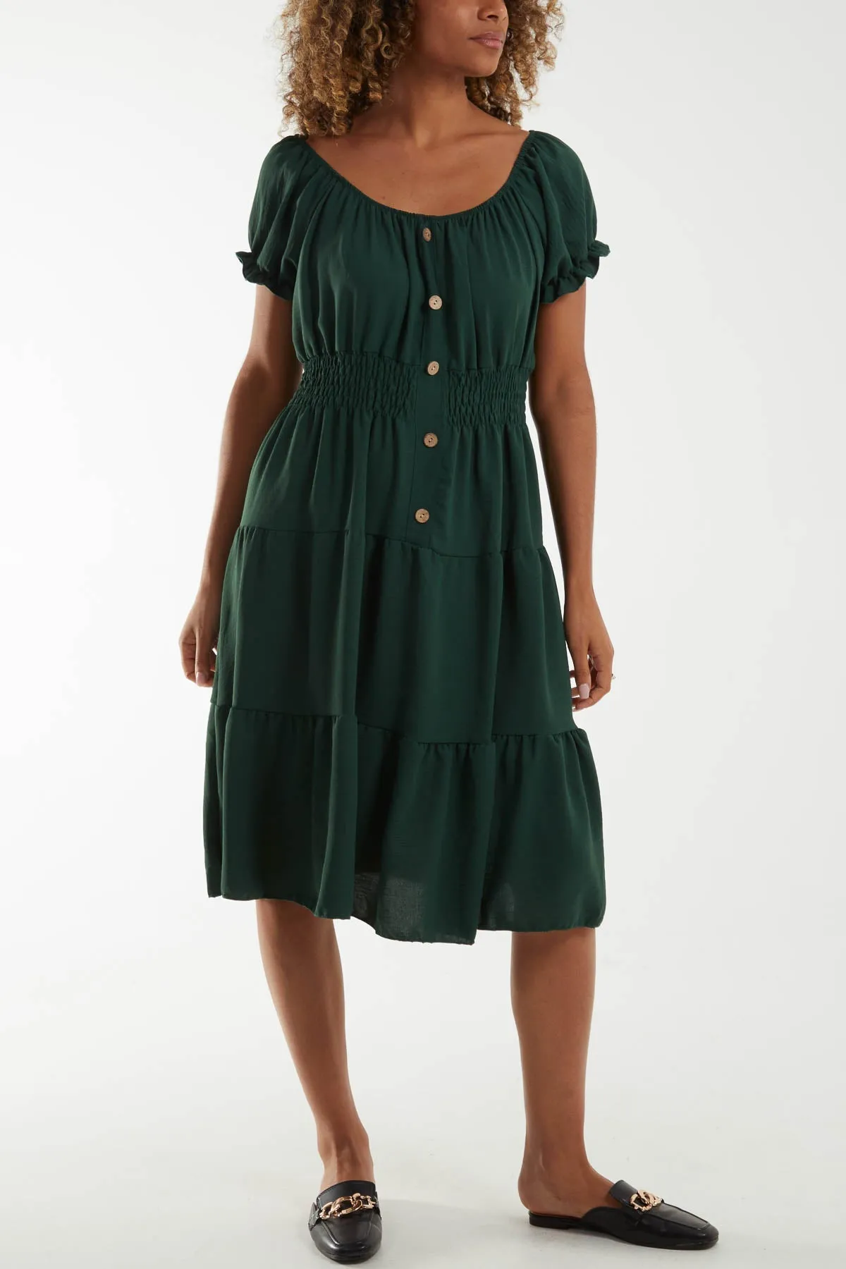 Bardot Shirred Bodice Tiered Dress
