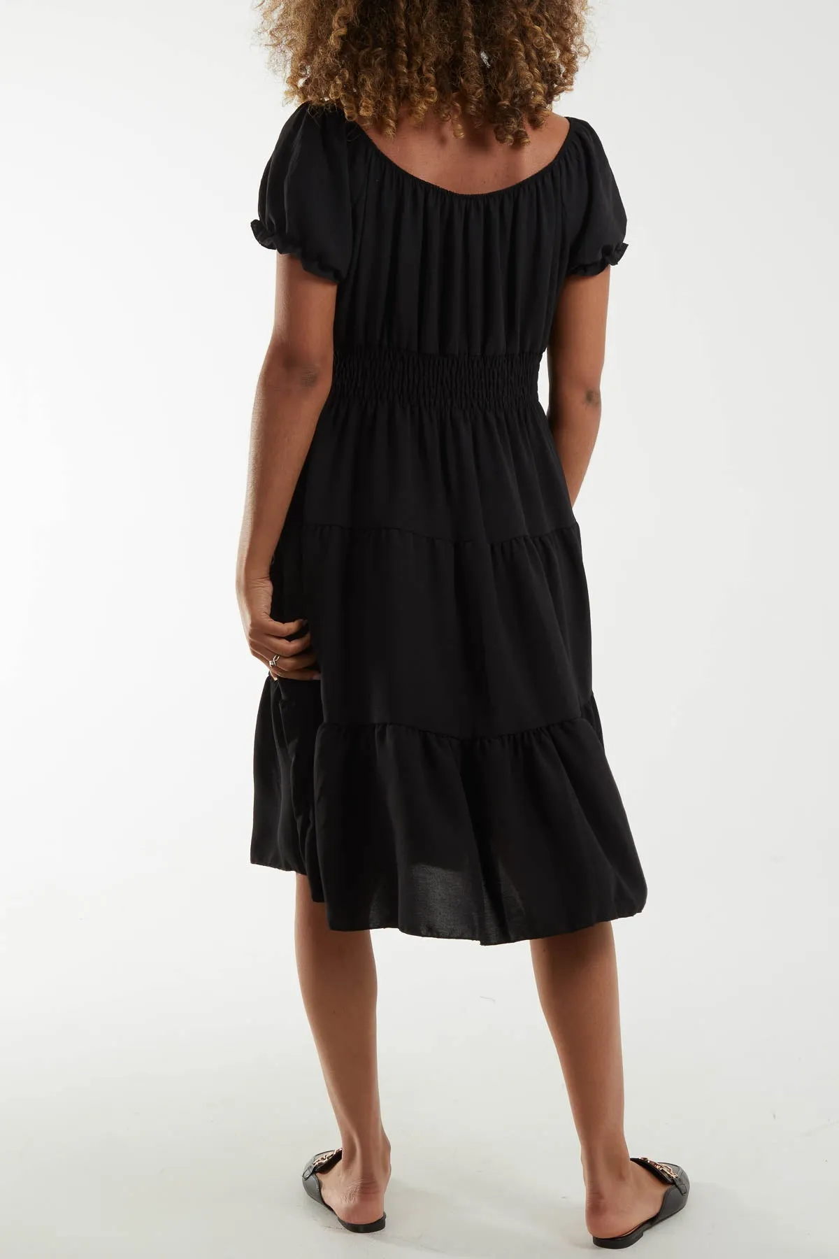 Bardot Shirred Bodice Tiered Dress