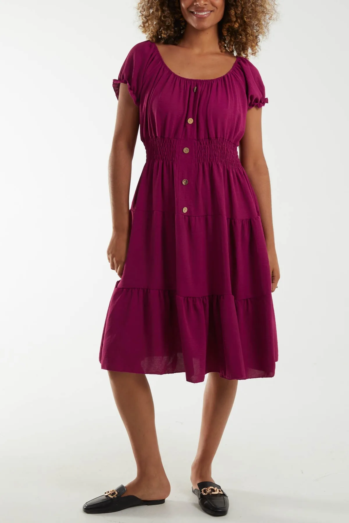Bardot Shirred Bodice Tiered Dress