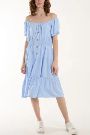 Bardot Shirred Bodice Tiered Dress