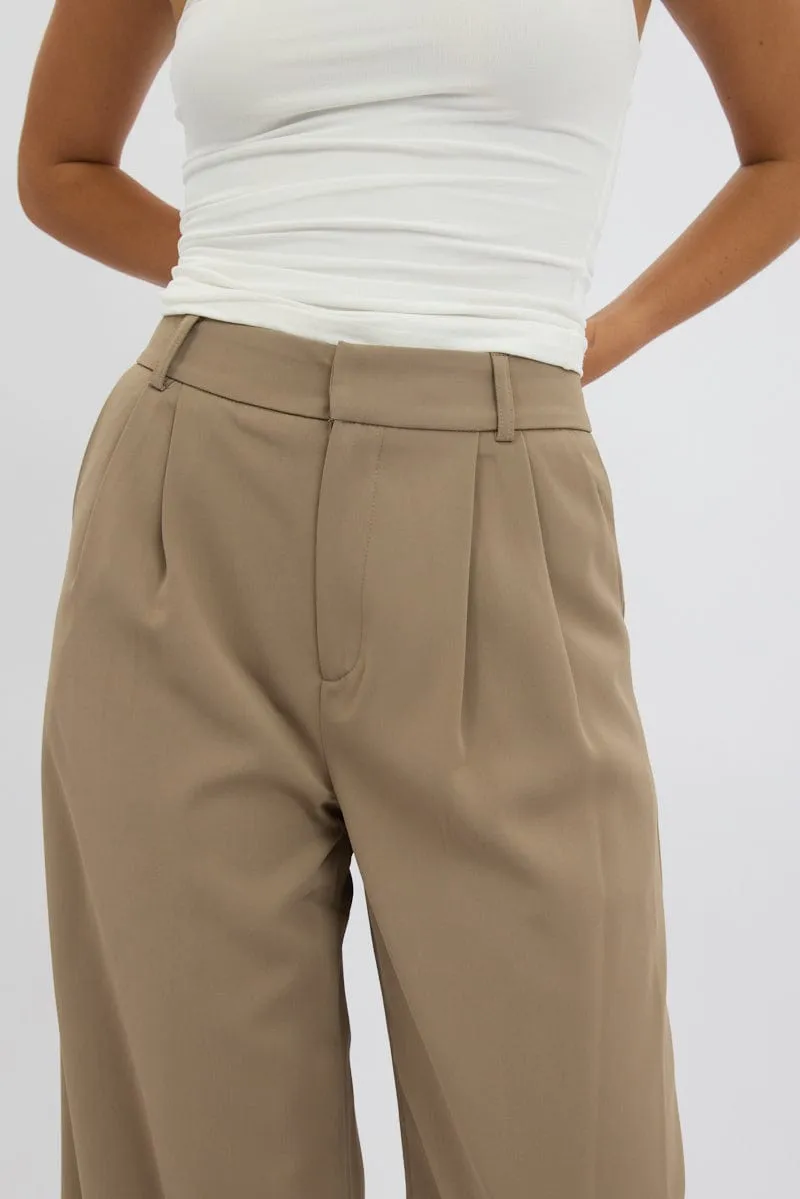 Beige Tailored Pants Mid Rise