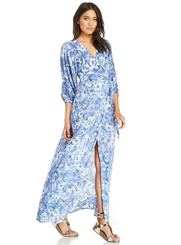 BerryBetty - Floral Printed Drawstring Wrap Chiffon Maxi Dress